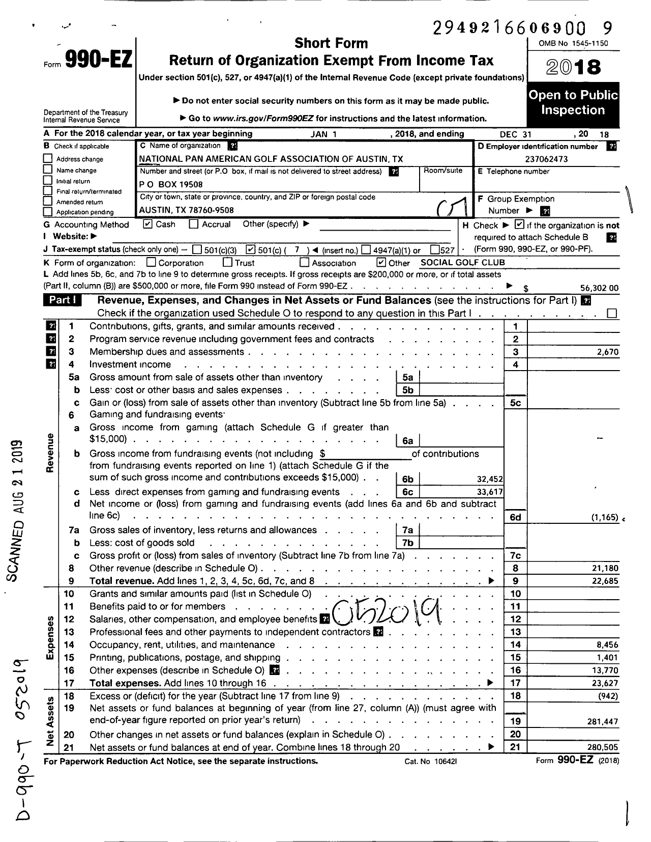 Image of first page of 2018 Form 990EO for National Pan American Golf Association of Austin TX