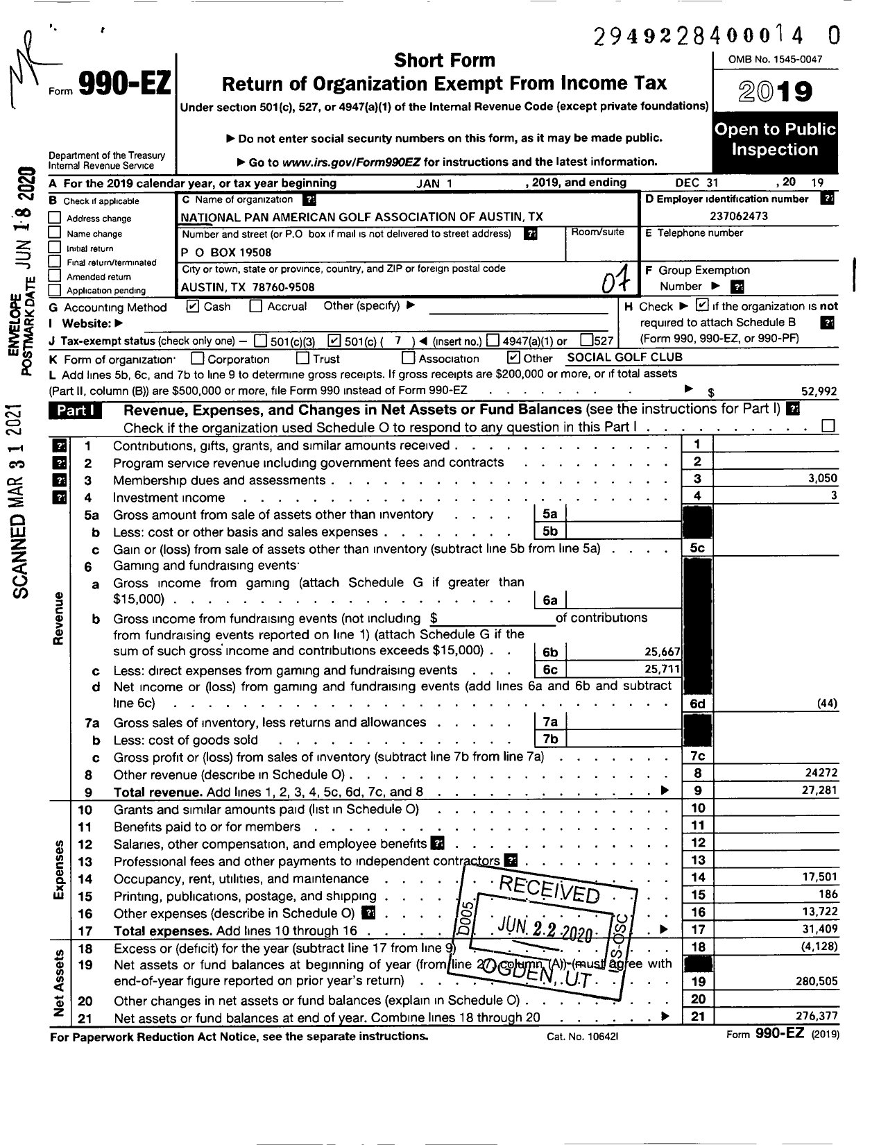 Image of first page of 2019 Form 990EO for National Pan American Golf Association of Austin TX