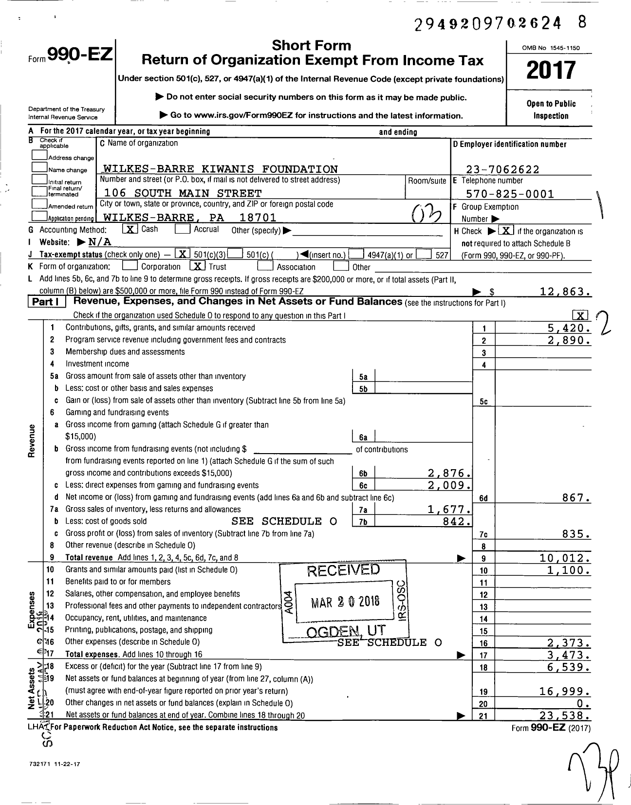 Image of first page of 2017 Form 990EZ for Wilkes-Barre Kiwanis Foundation