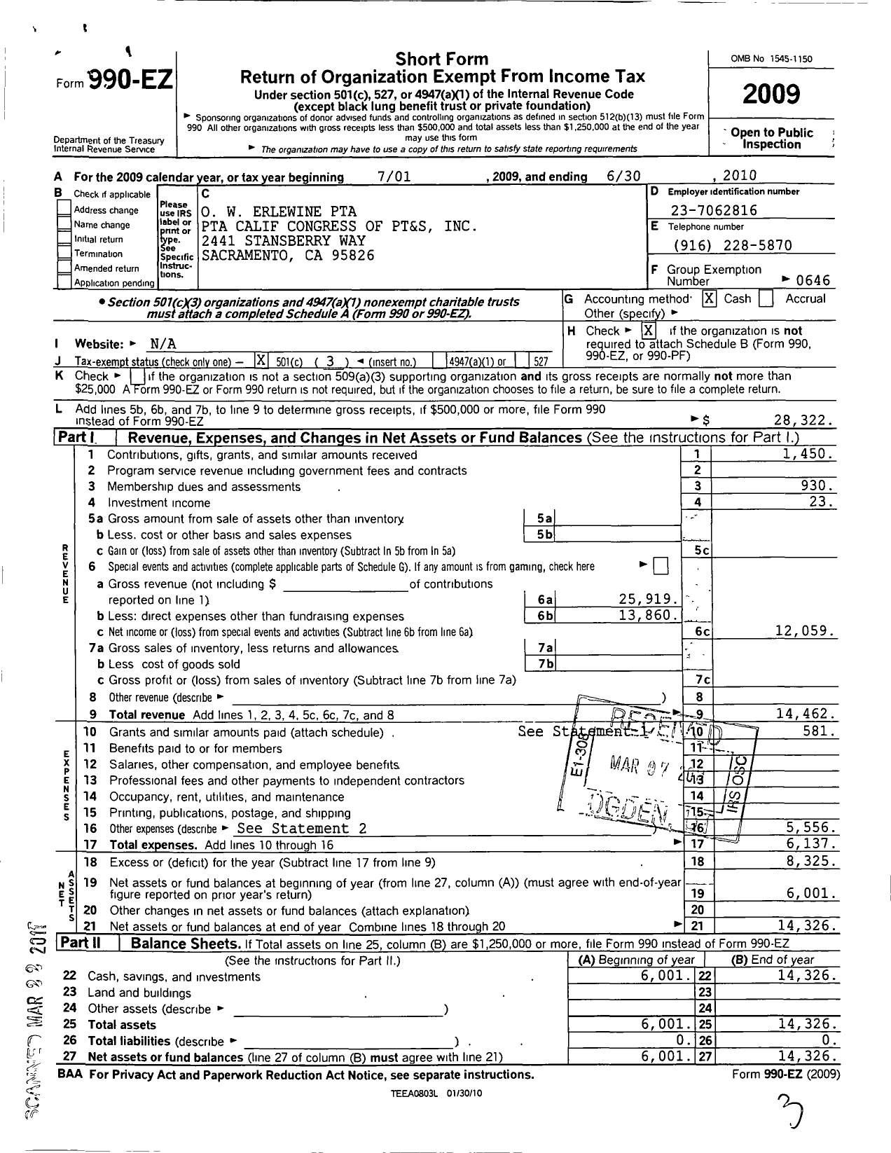 Image of first page of 2009 Form 990EZ for California State PTA - O W Erlewine Elementary PTA