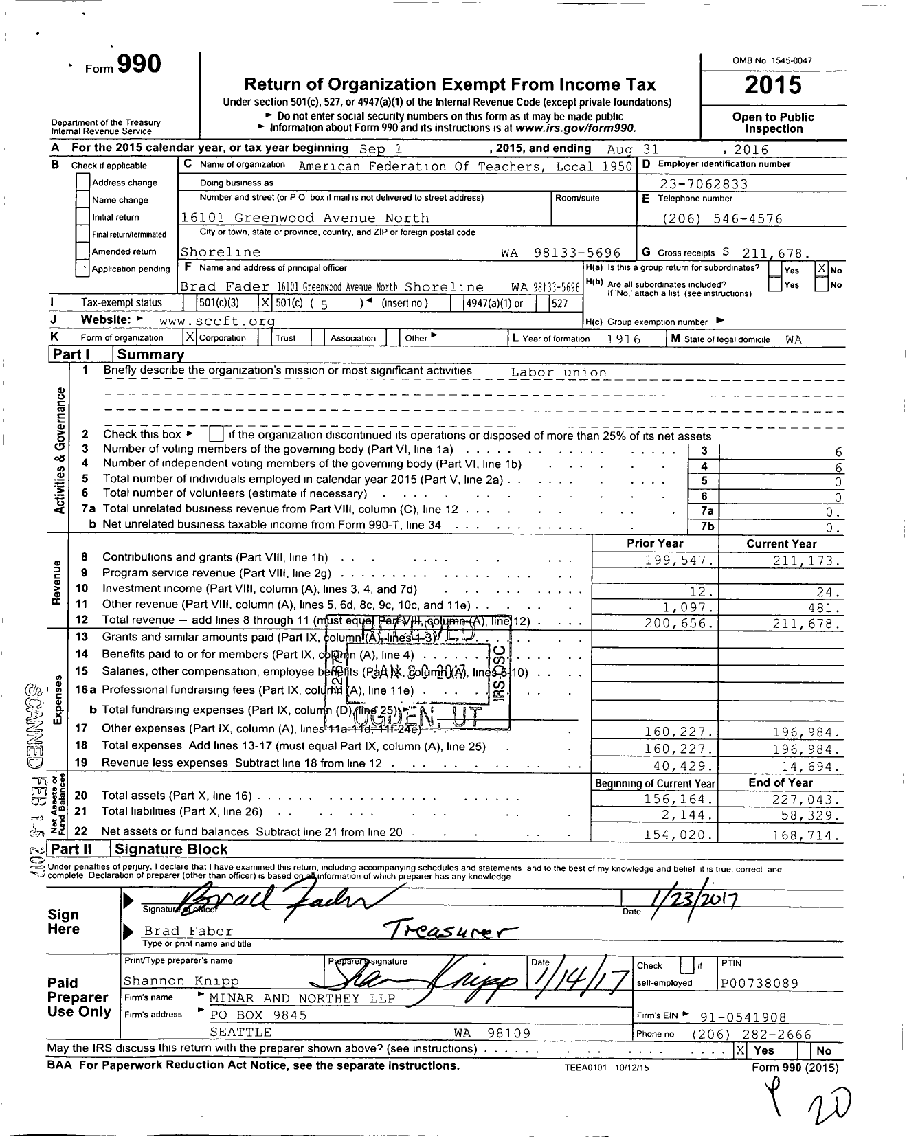 Image of first page of 2015 Form 990O for American Federation Of Teachers Local 1950