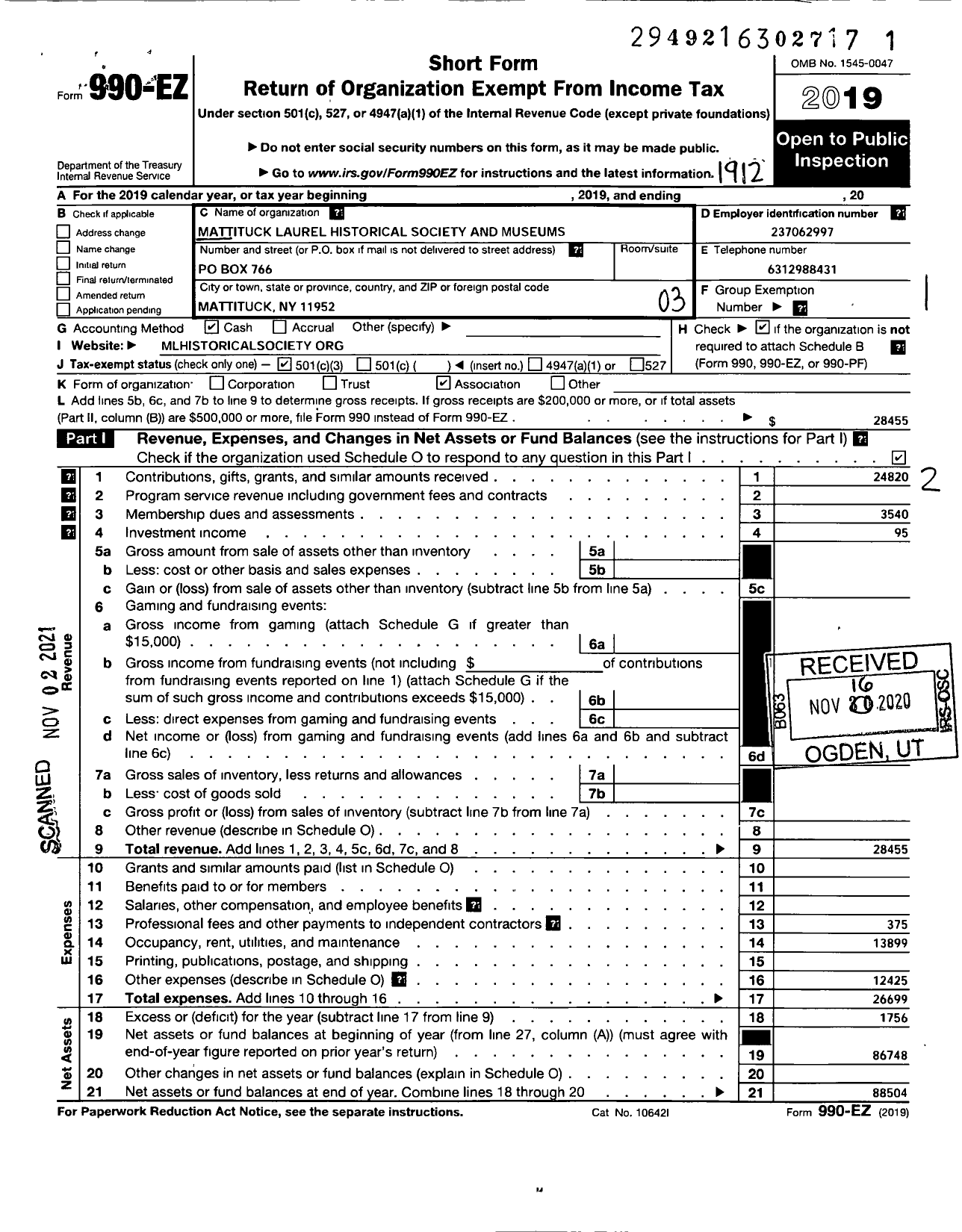 Image of first page of 2019 Form 990EZ for Mattituck Historical Society