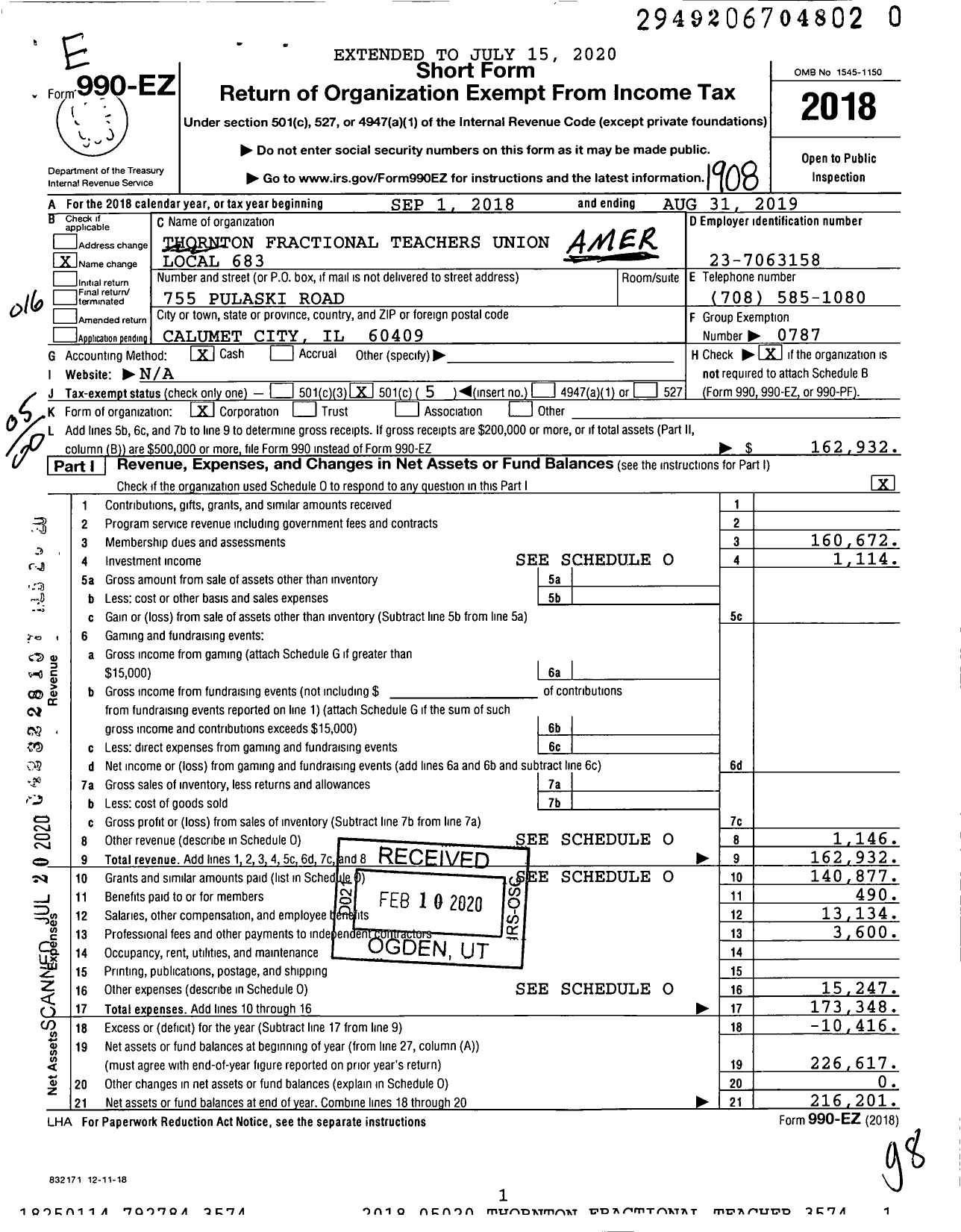 Image of first page of 2018 Form 990EO for American Federation of Teachers - 0683 Thornton Fractionl Teachers Un