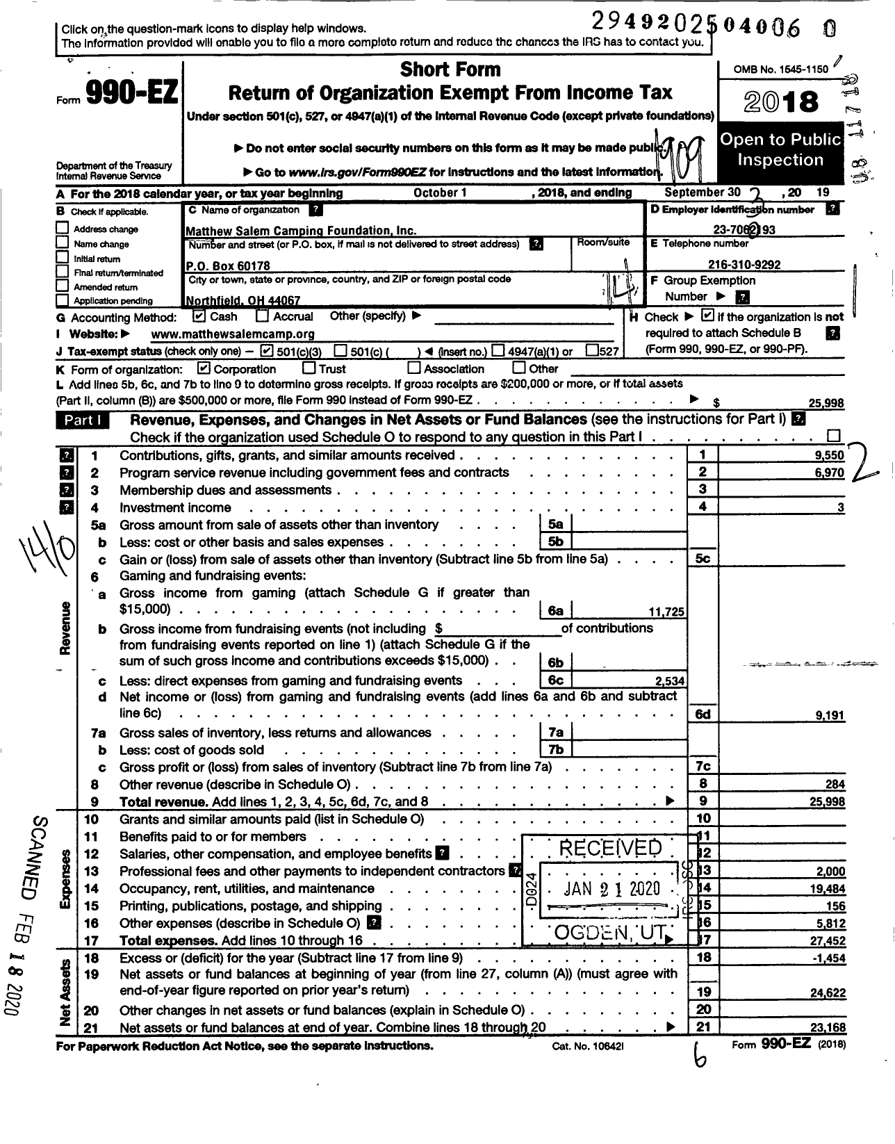 Image of first page of 2018 Form 990EO for Matthew Salem Camping Foundation