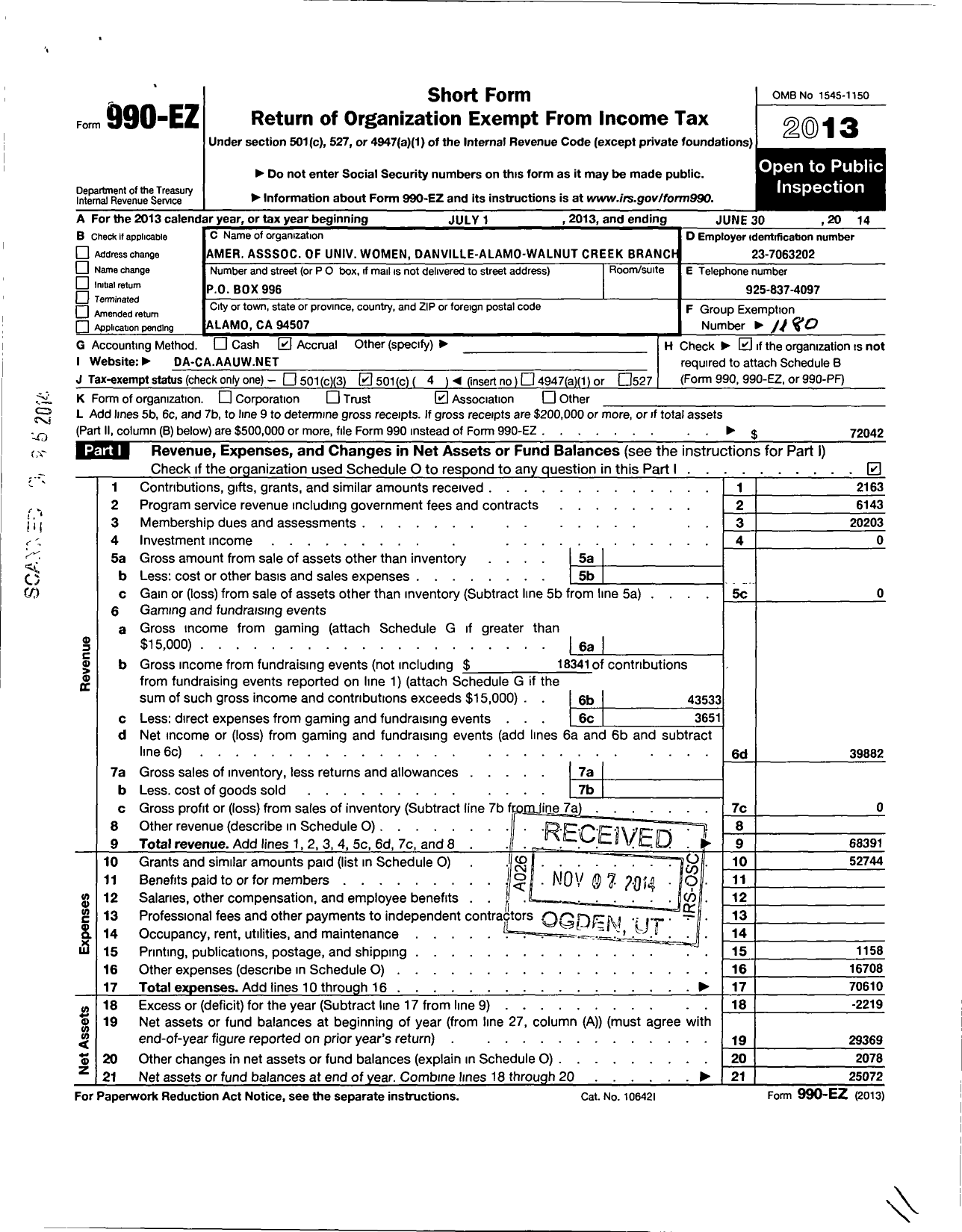 Image of first page of 2013 Form 990EO for American Association of University Women / Danville-Alamo-Walnut Creek Branch