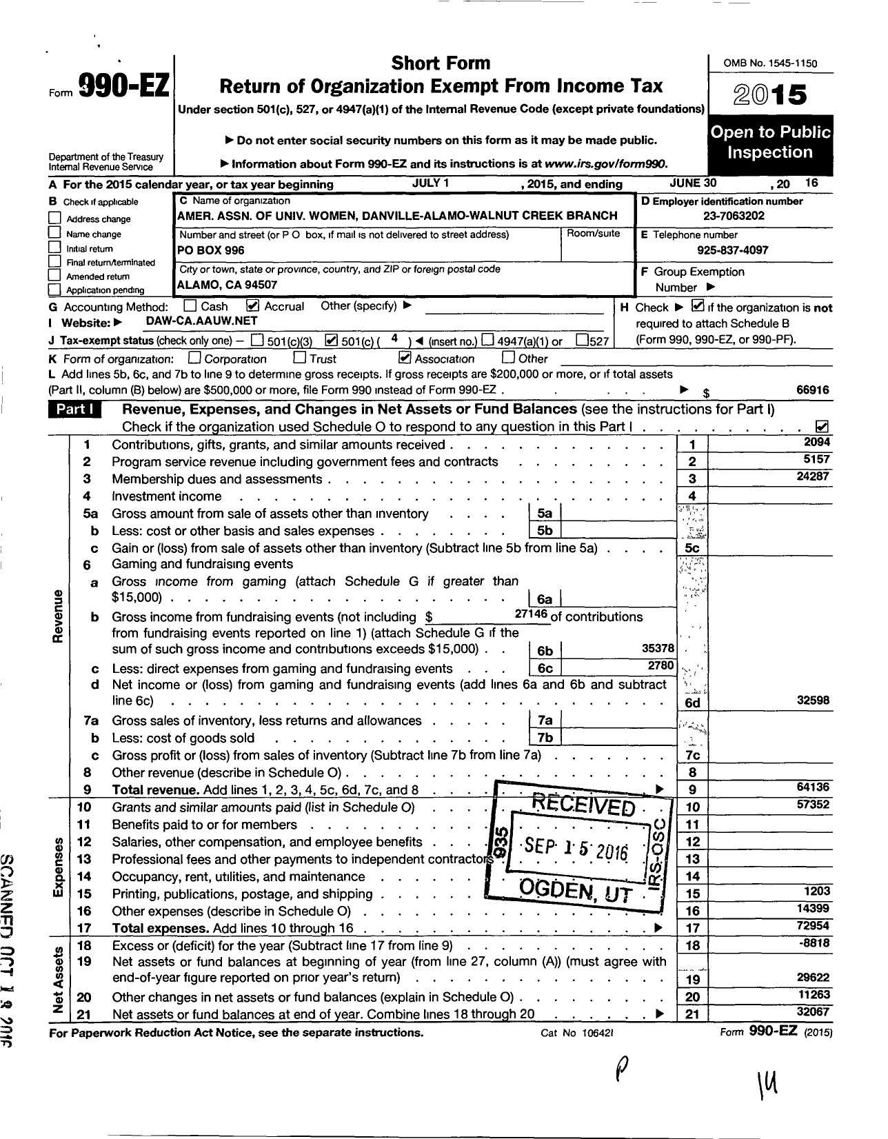 Image of first page of 2015 Form 990EO for American Association of University Women / Danville-Alamo-Walnut Creek Branch