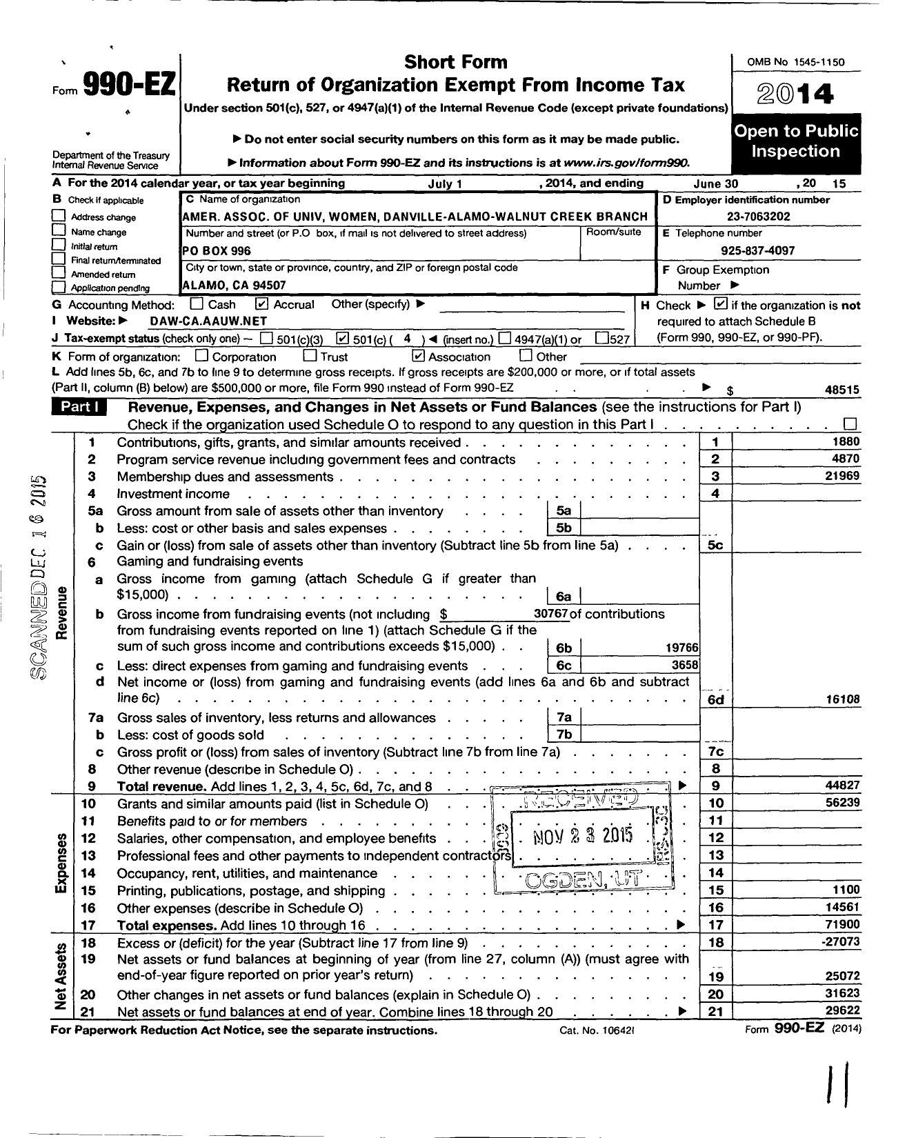 Image of first page of 2014 Form 990EO for American Association of University Women / Danville-Alamo-Walnut Creek Branch