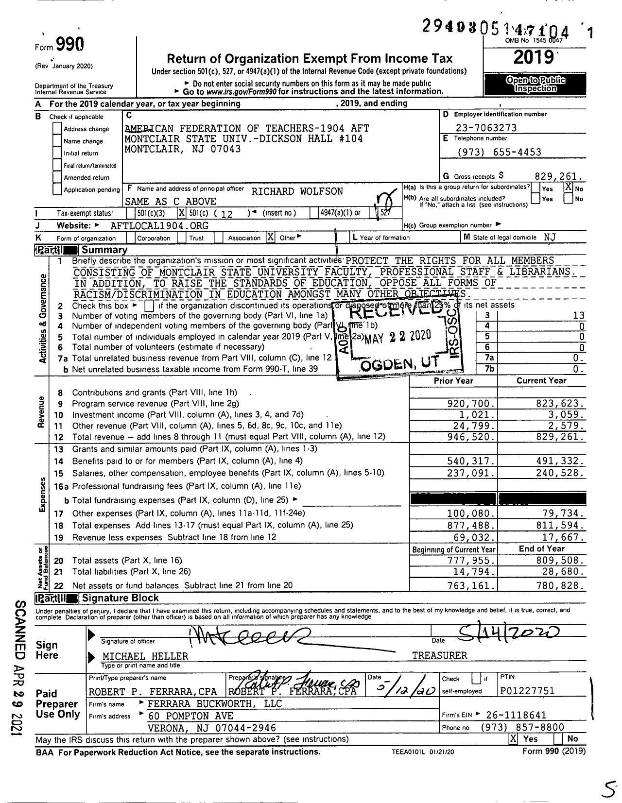 Image of first page of 2019 Form 990O for American Federation of Teachers - 1904 Montclair State University