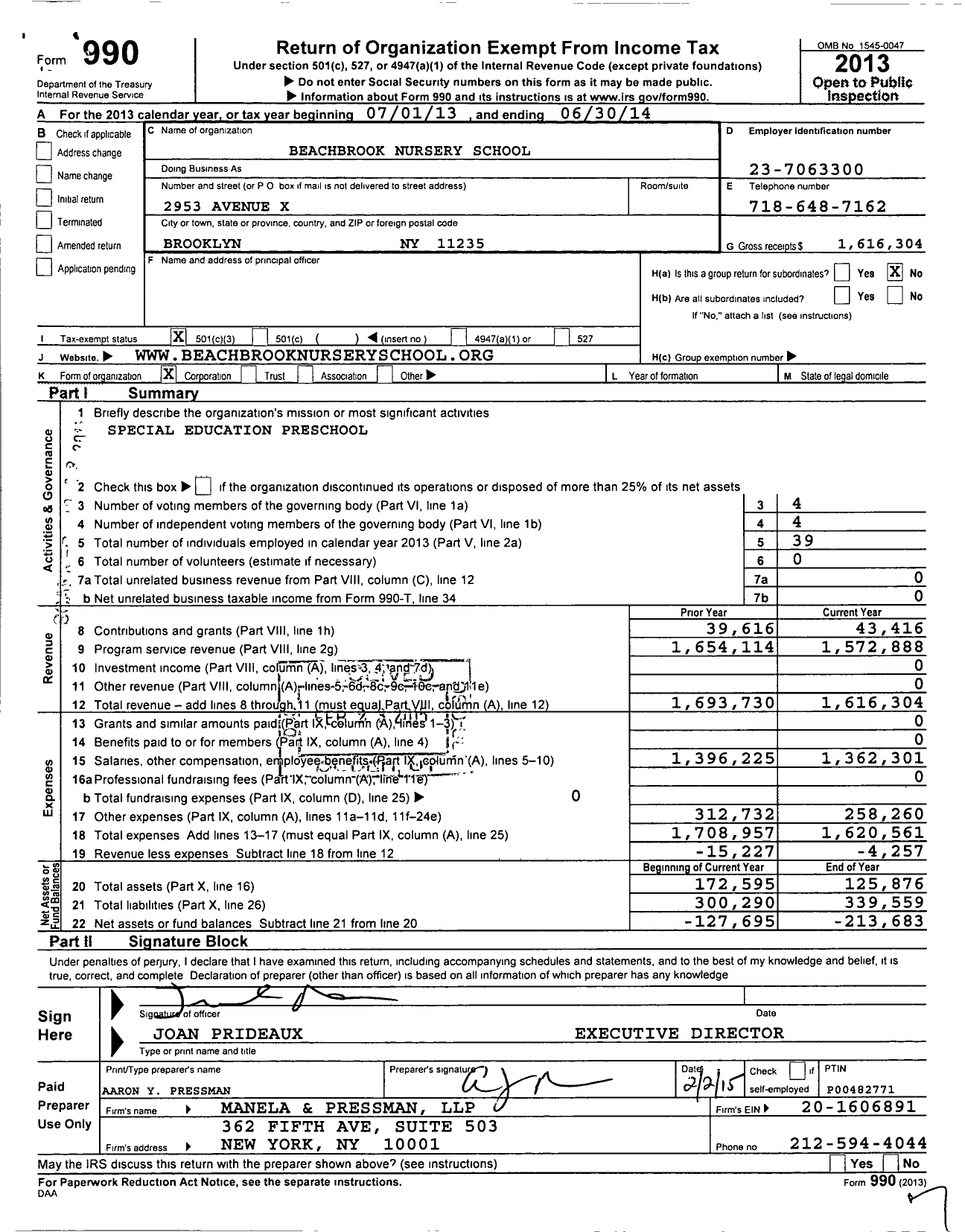 Image of first page of 2013 Form 990 for Beachbrook Nursery School