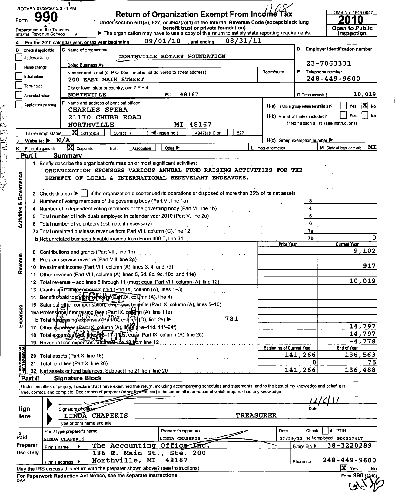 Image of first page of 2010 Form 990 for Northville Rotary Foundation