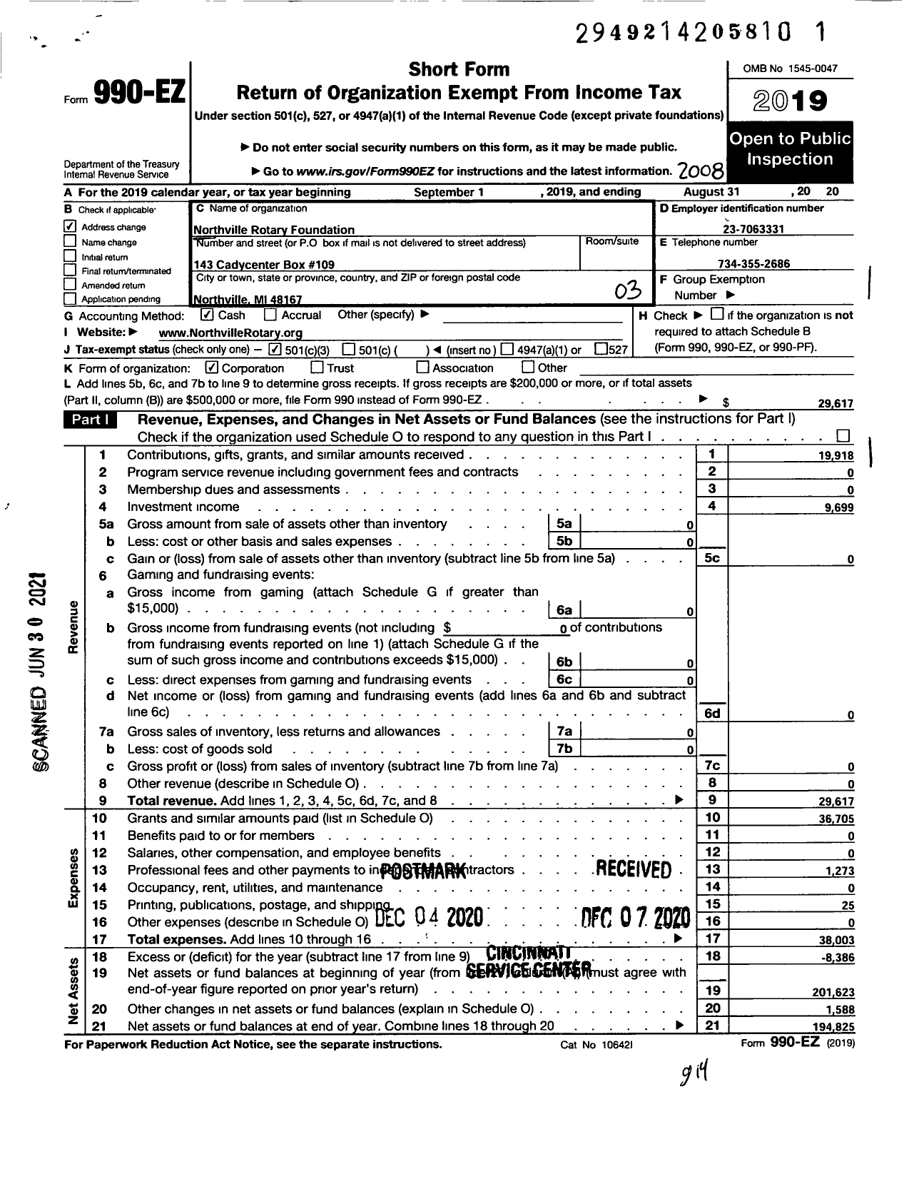 Image of first page of 2019 Form 990EZ for Northville Rotary Foundation