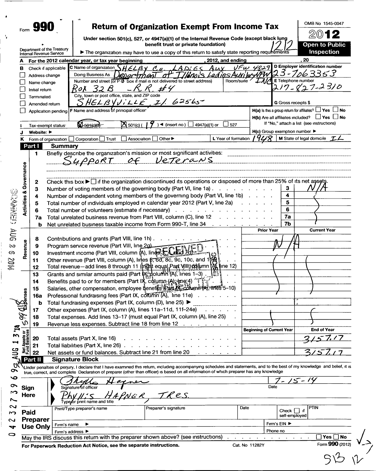 Image of first page of 2012 Form 990O for Department of Illinois VFW Auxiliary VFW - 4829 Shelby County VFW Auxiliary