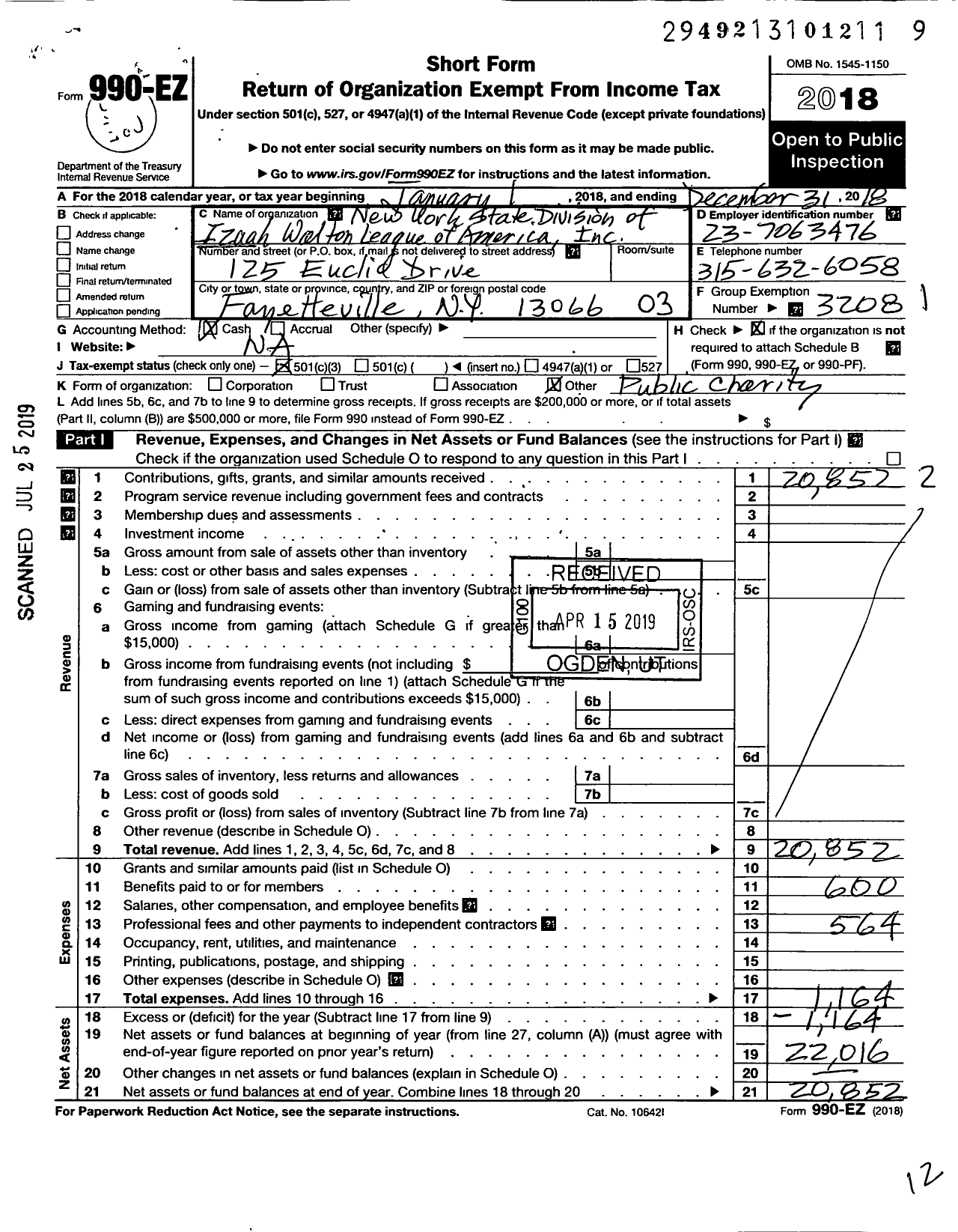 Image of first page of 2018 Form 990EZ for Izaak Walton League of America New York State Div