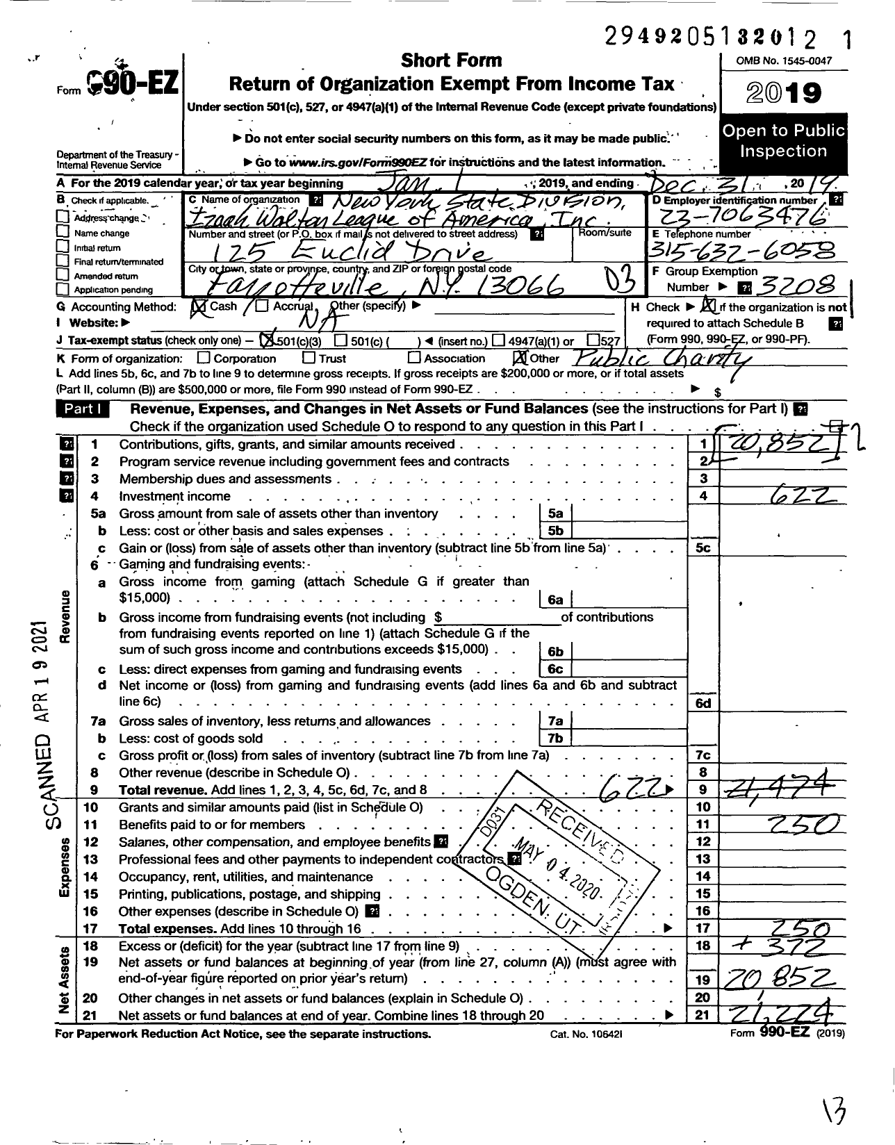 Image of first page of 2019 Form 990EZ for Izaak Walton League of America New York State Div
