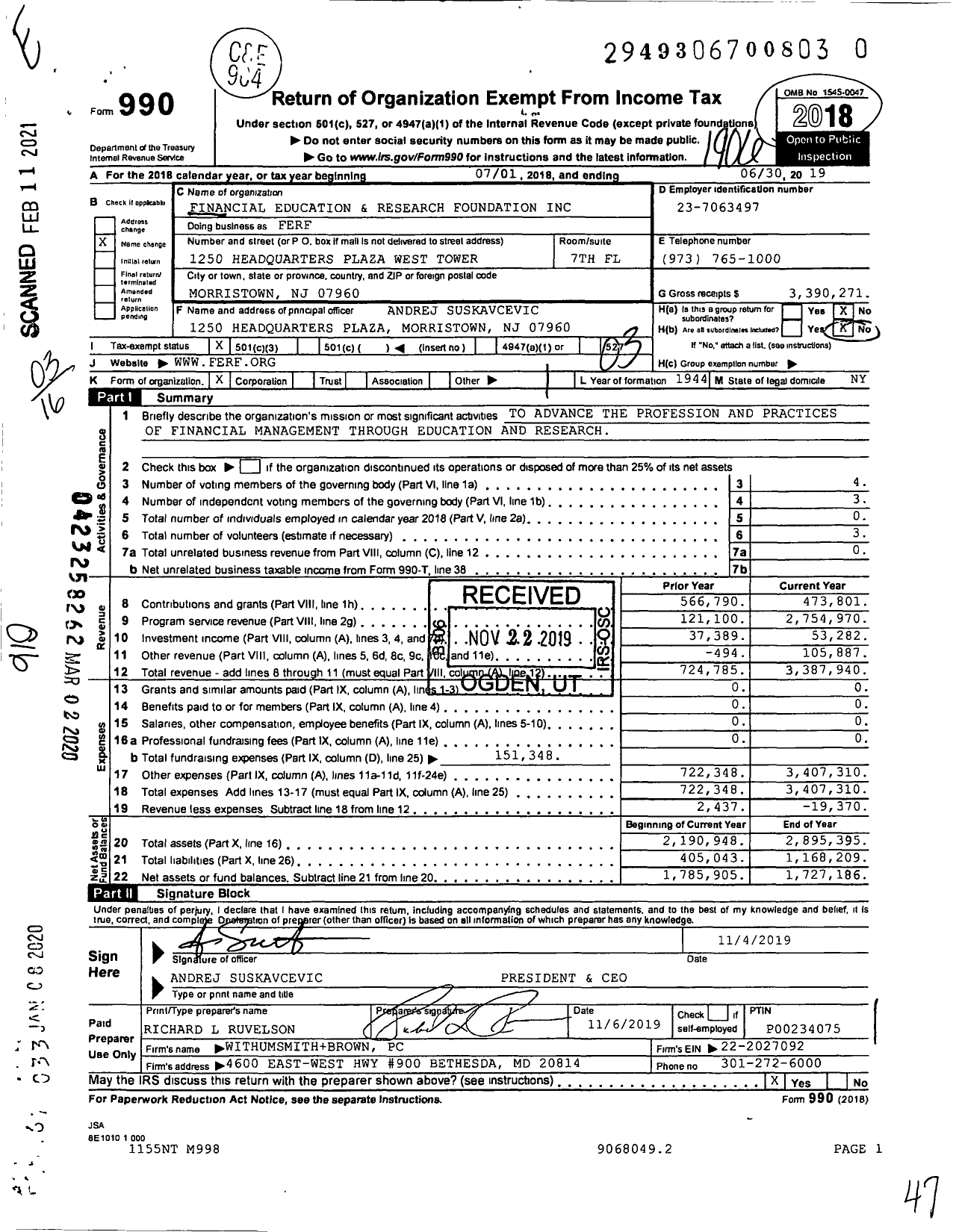 Image of first page of 2018 Form 990 for Financial Education and Research Foundation (FERF)