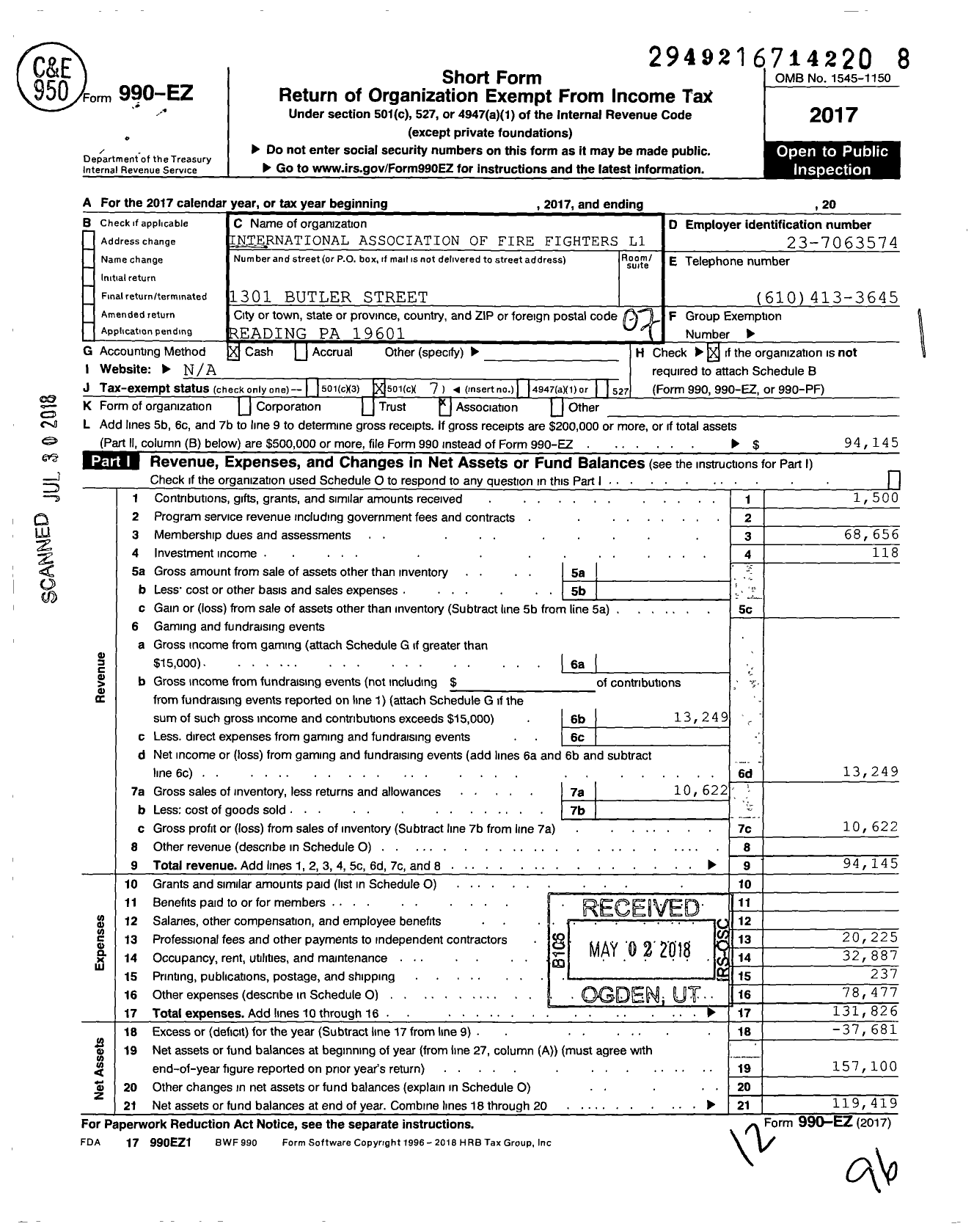 Image of first page of 2017 Form 990EO for International Association of Fire Fighters - L1803 Reading