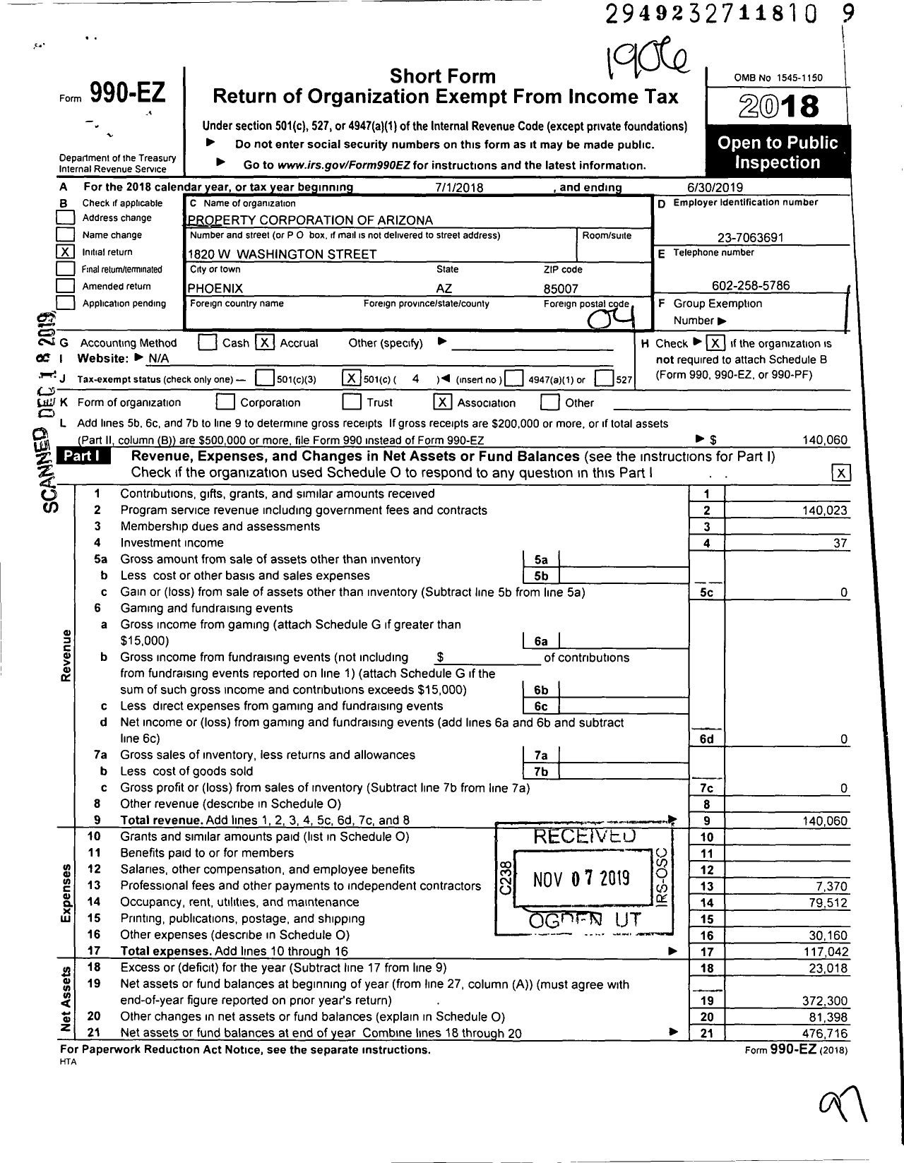 Image of first page of 2018 Form 990EO for Property Corporation of Arizona