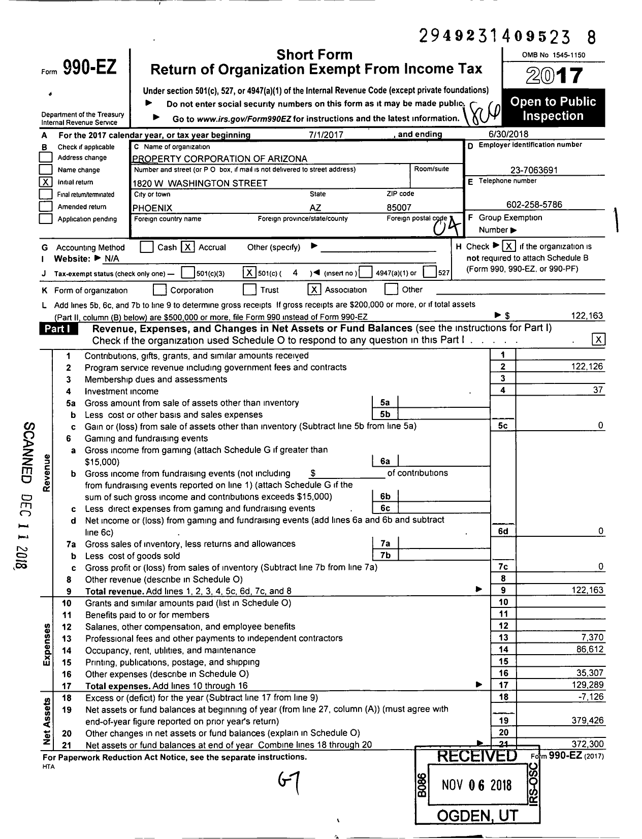 Image of first page of 2017 Form 990EO for Property Corporation of Arizona