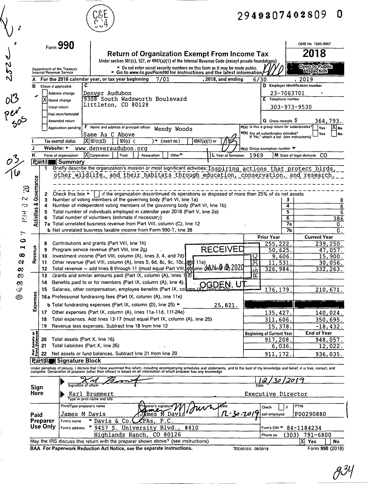 Image of first page of 2018 Form 990 for Denver Audubon