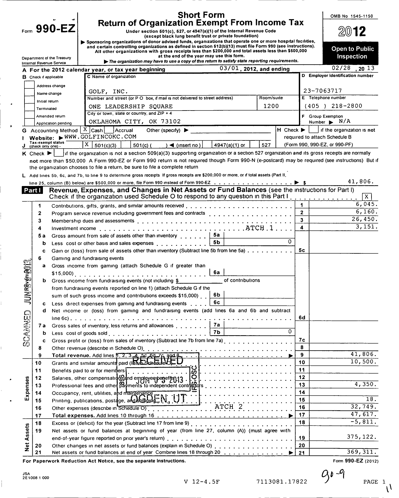 Image of first page of 2012 Form 990EZ for Golf