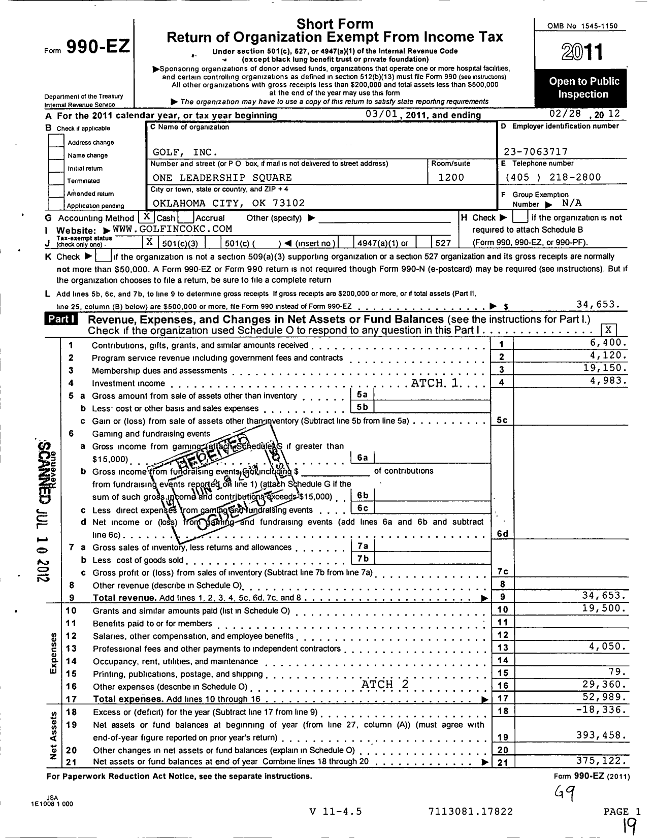 Image of first page of 2011 Form 990EZ for Golf