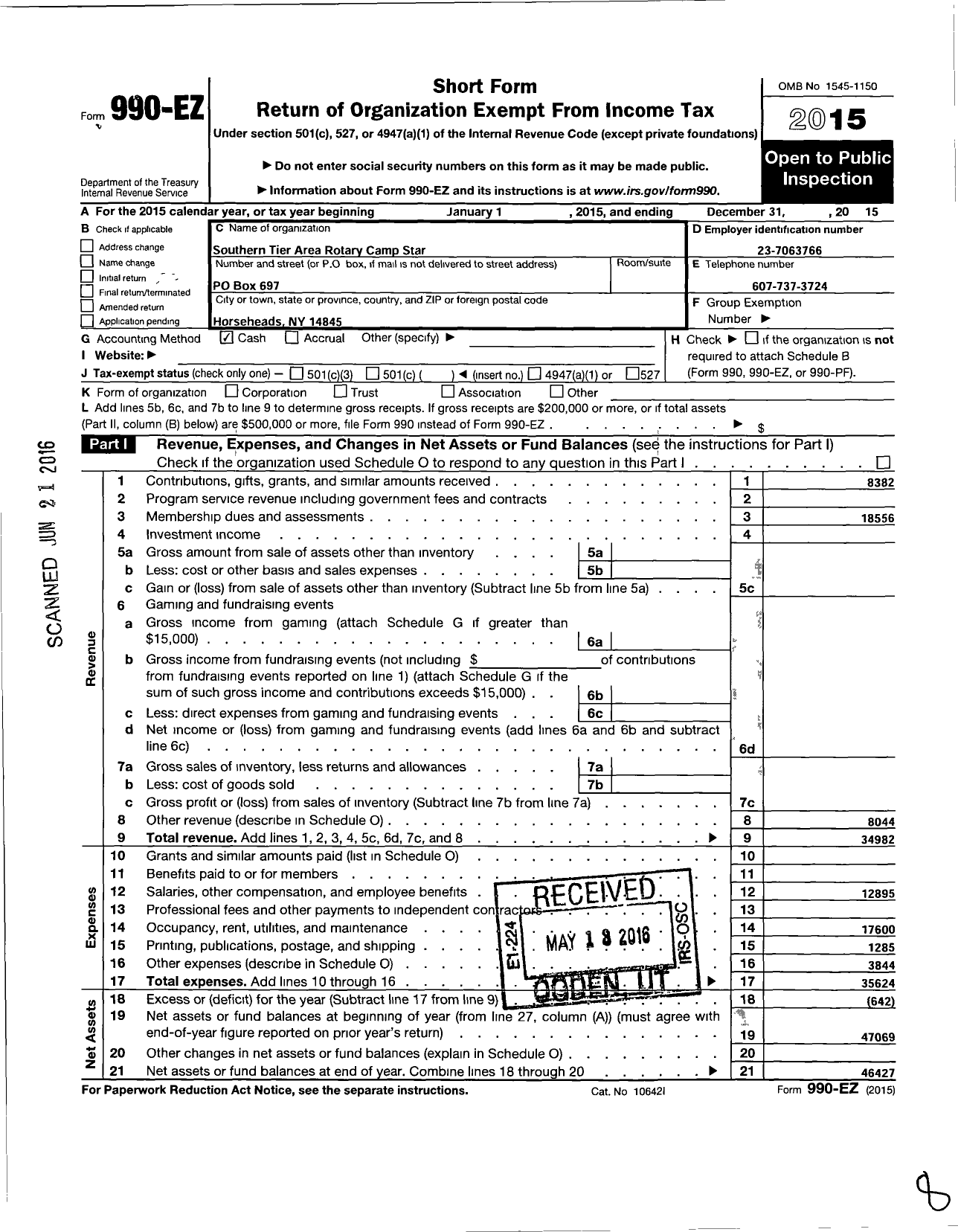 Image of first page of 2015 Form 990EO for Southern Tier Area Rotary Handicapped Childrens Camp