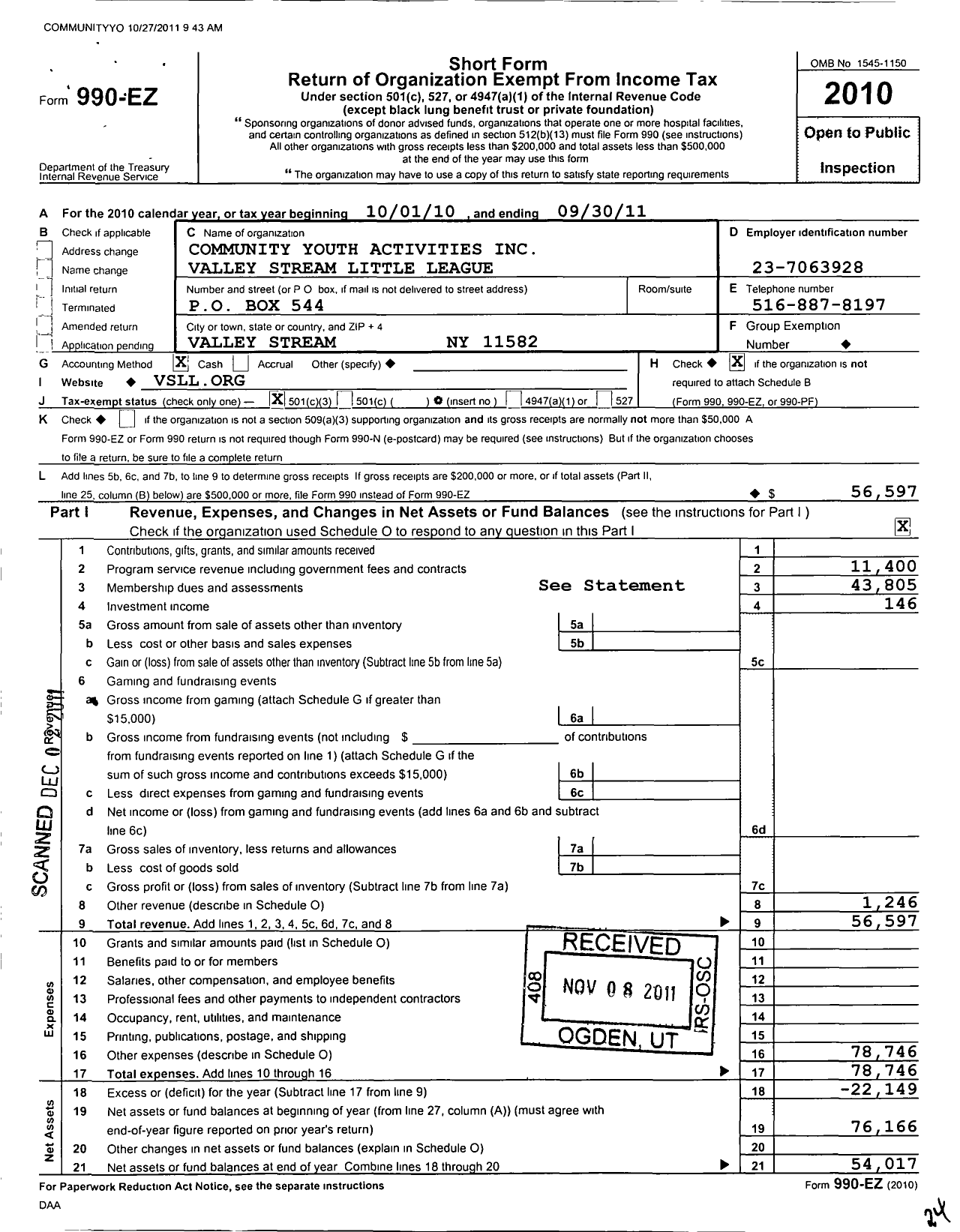 Image of first page of 2010 Form 990EZ for Little League Baseball - 2322918 Valley Stream LL