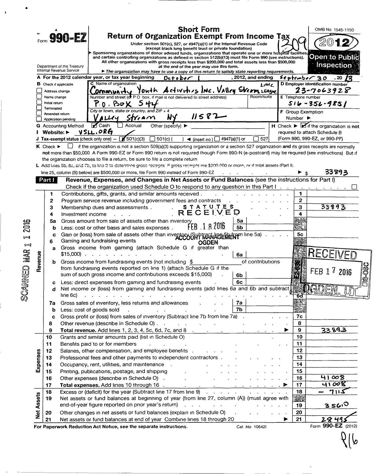Image of first page of 2012 Form 990EZ for Little League Baseball - 2322918 Valley Stream LL