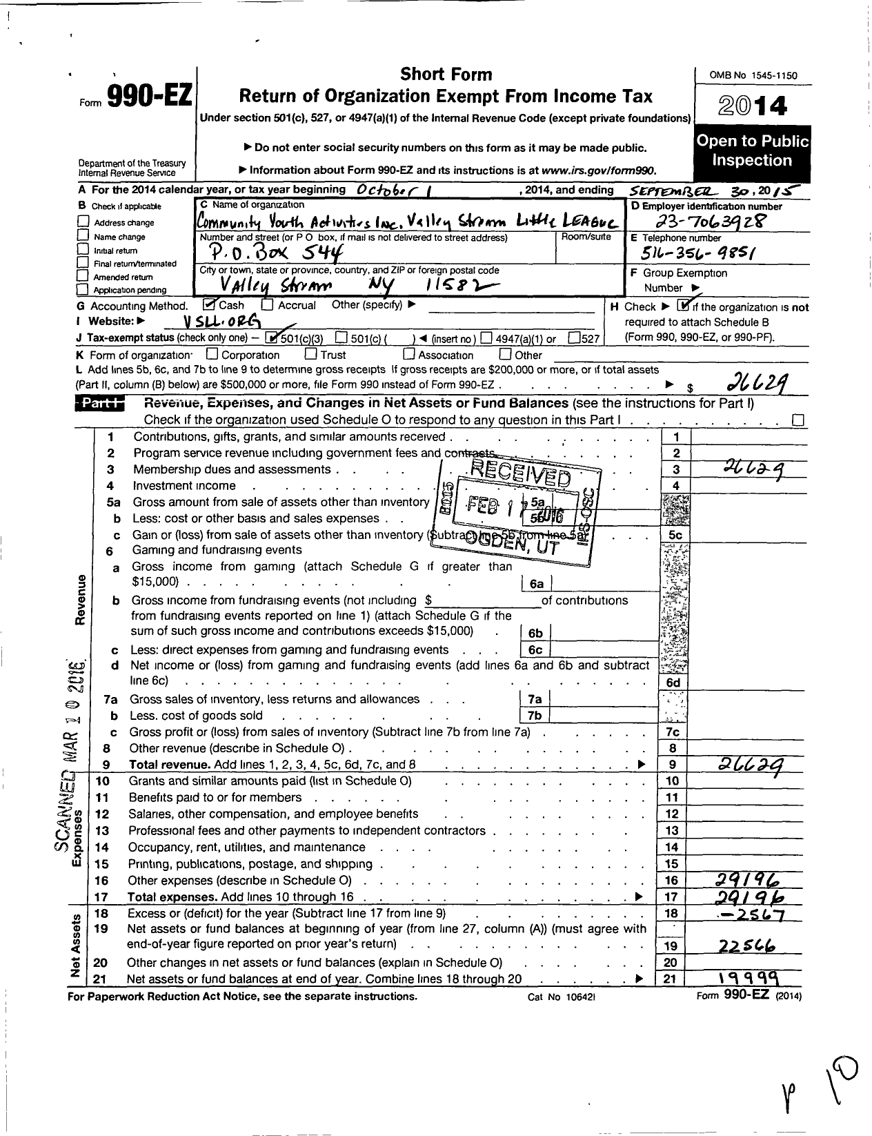 Image of first page of 2014 Form 990EZ for Little League Baseball - 2322918 Valley Stream LL