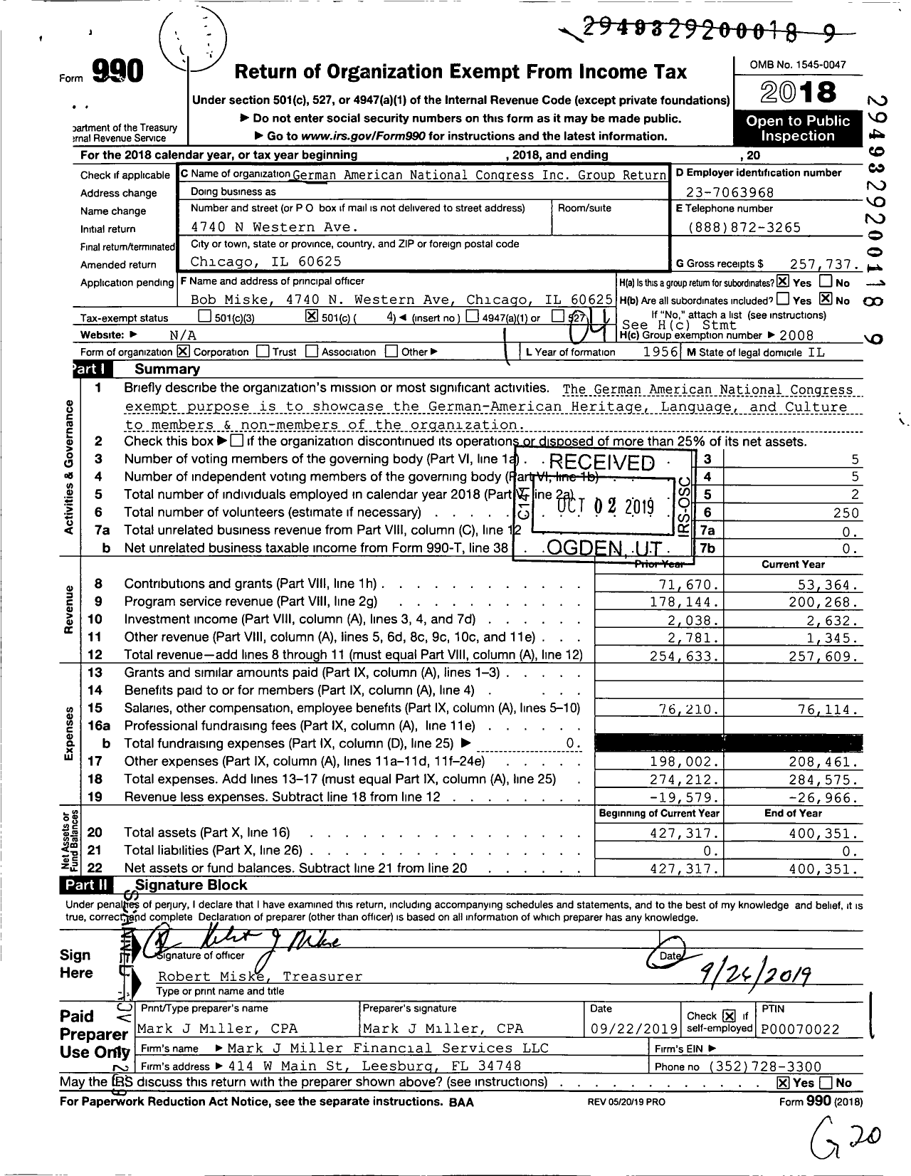 Image of first page of 2018 Form 990O for German American National Congress / Group Return