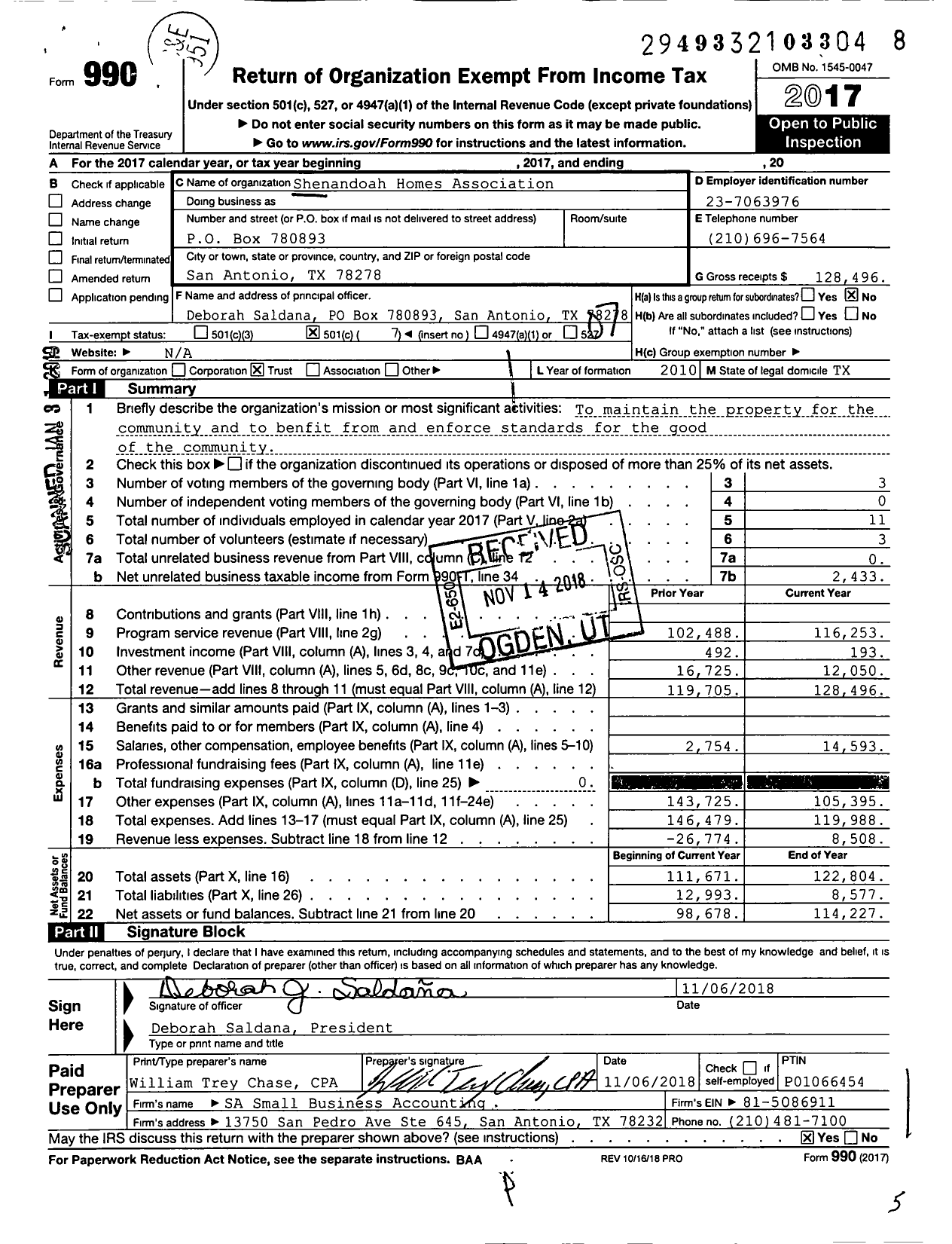 Image of first page of 2017 Form 990O for Shenandoah Homes Association