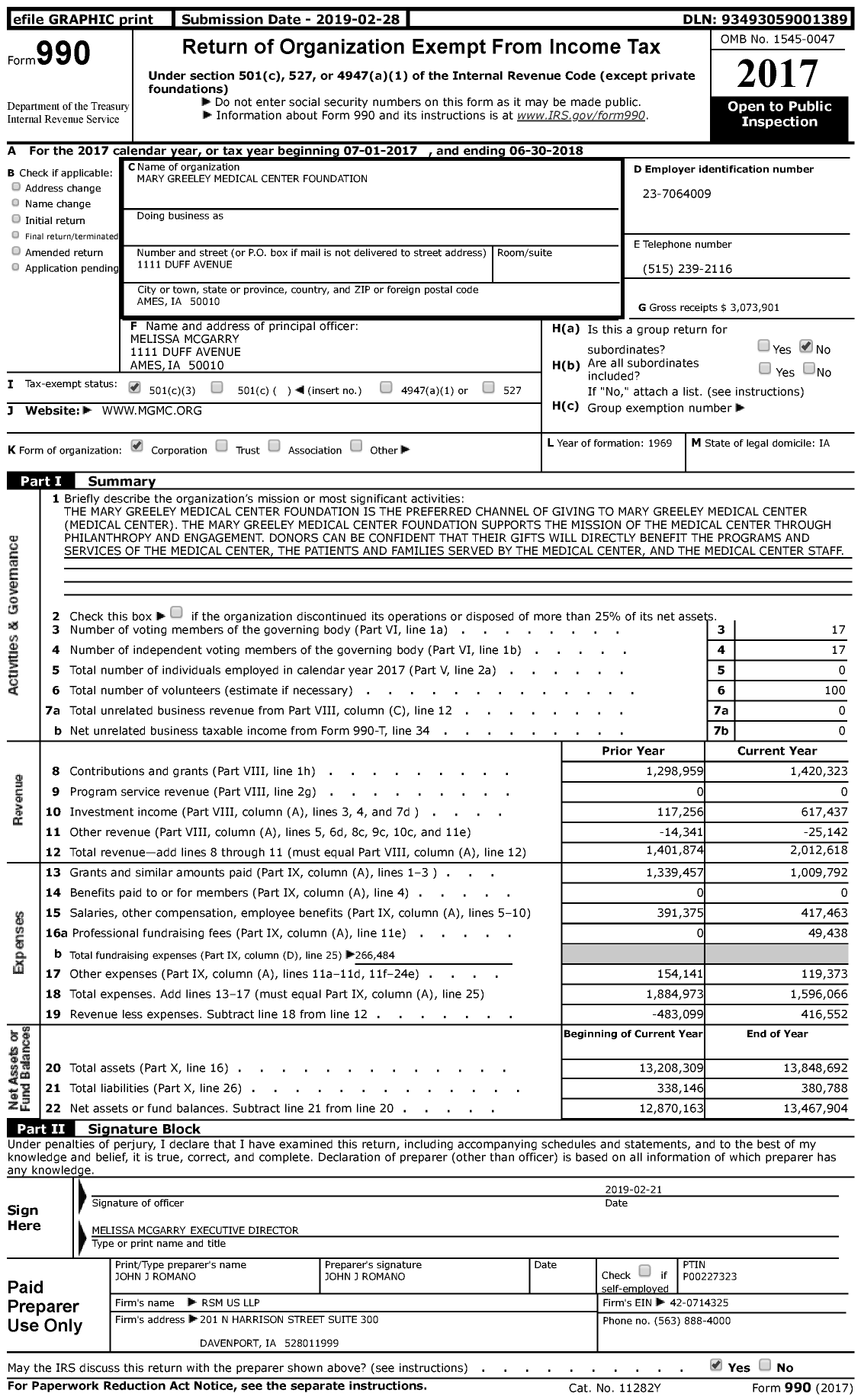 Image of first page of 2017 Form 990 for Mary Greeley Medical Center Foundation