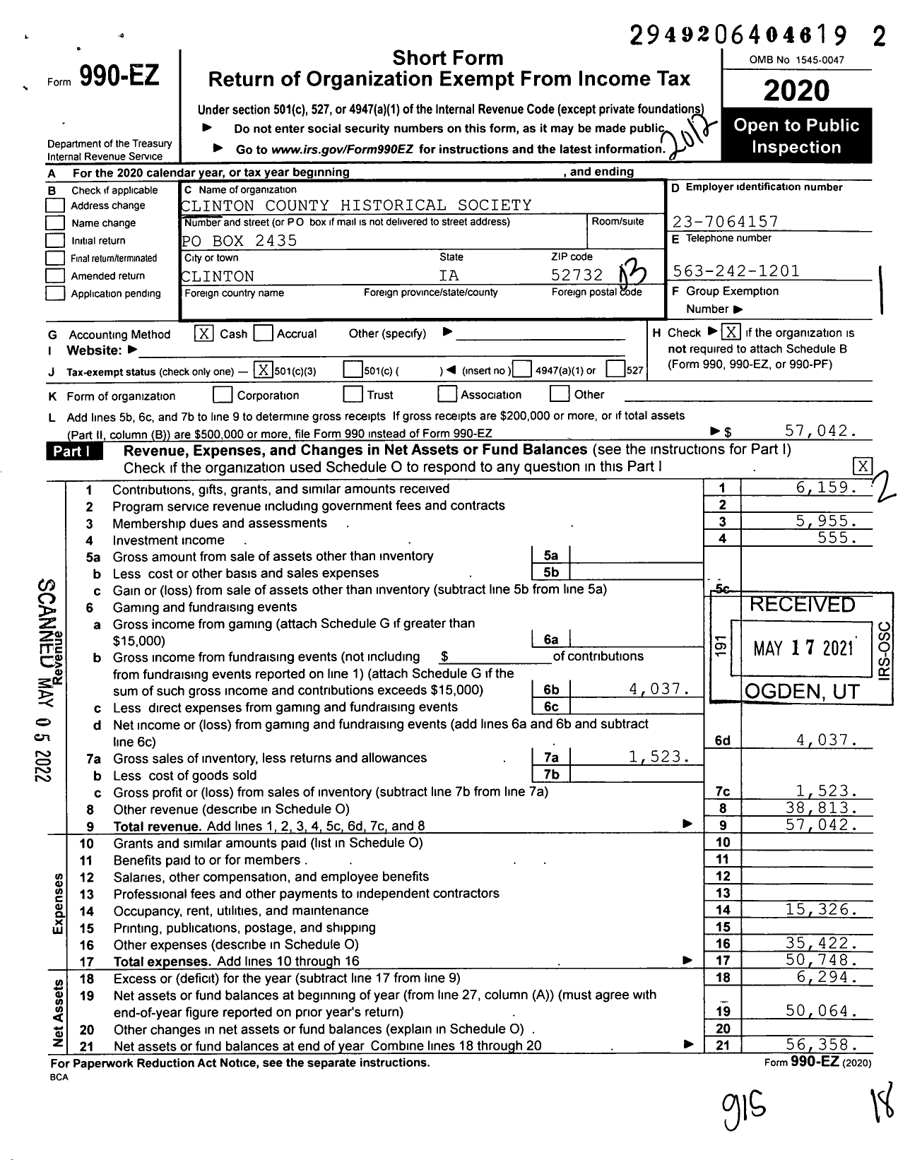 Image of first page of 2020 Form 990EZ for Clinton County Historical Society