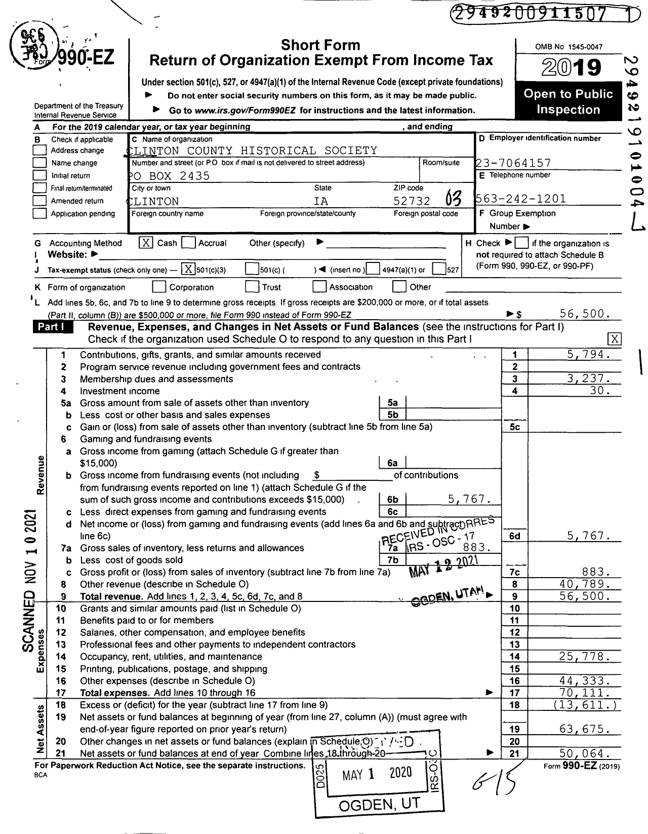 Image of first page of 2019 Form 990EZ for Clinton County Historical Society