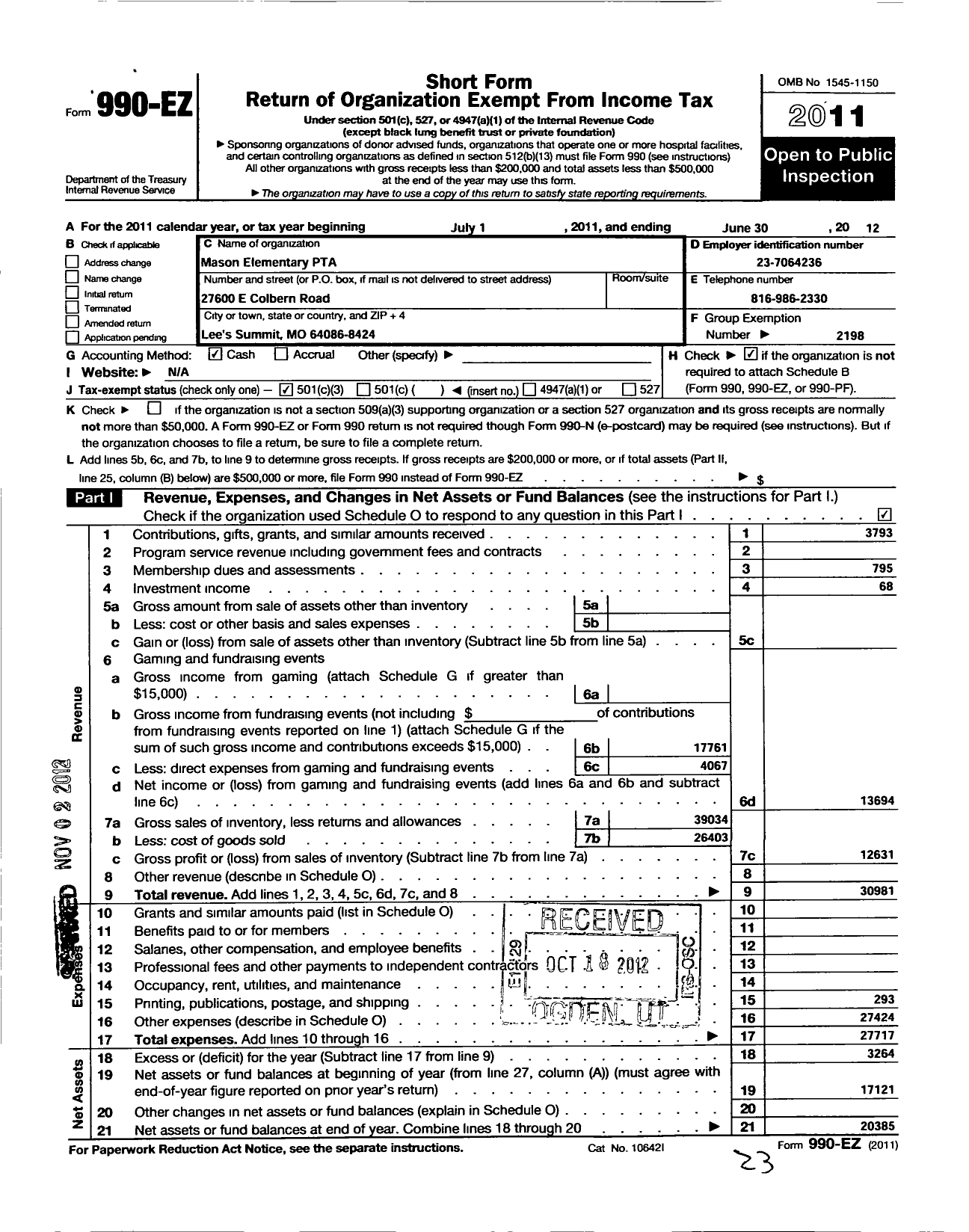 Image of first page of 2011 Form 990EZ for PTA Missouri Congress / Mason PTA