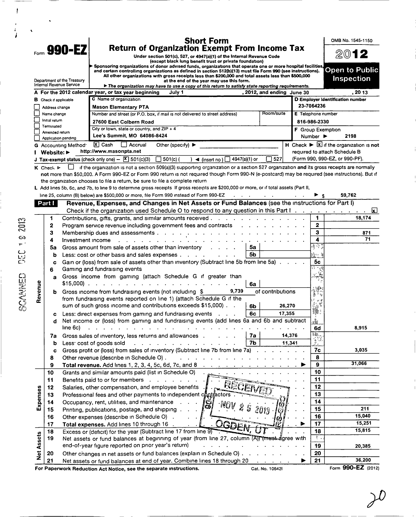 Image of first page of 2012 Form 990EZ for PTA Missouri Congress / Mason PTA