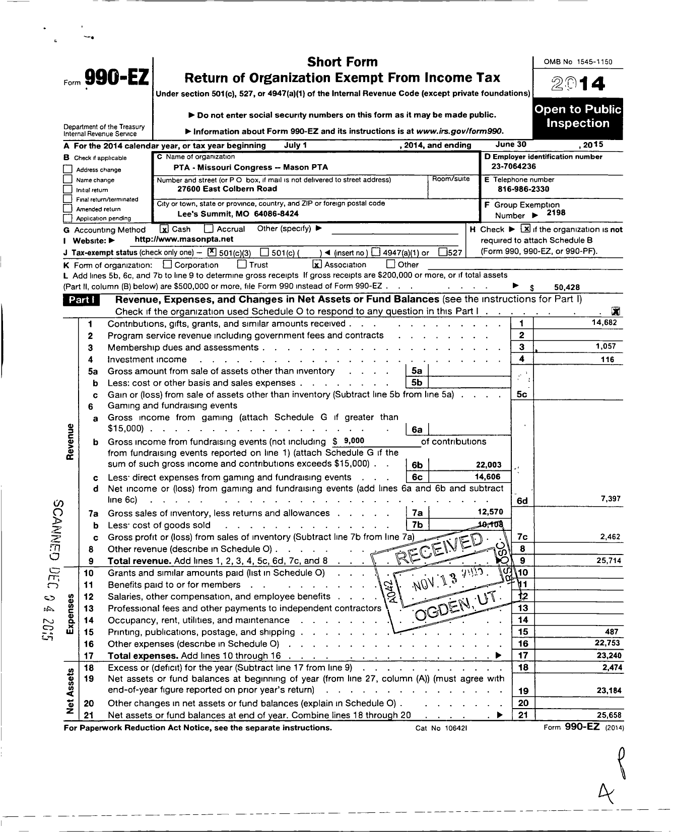 Image of first page of 2014 Form 990EZ for PTA Missouri Congress / Mason PTA