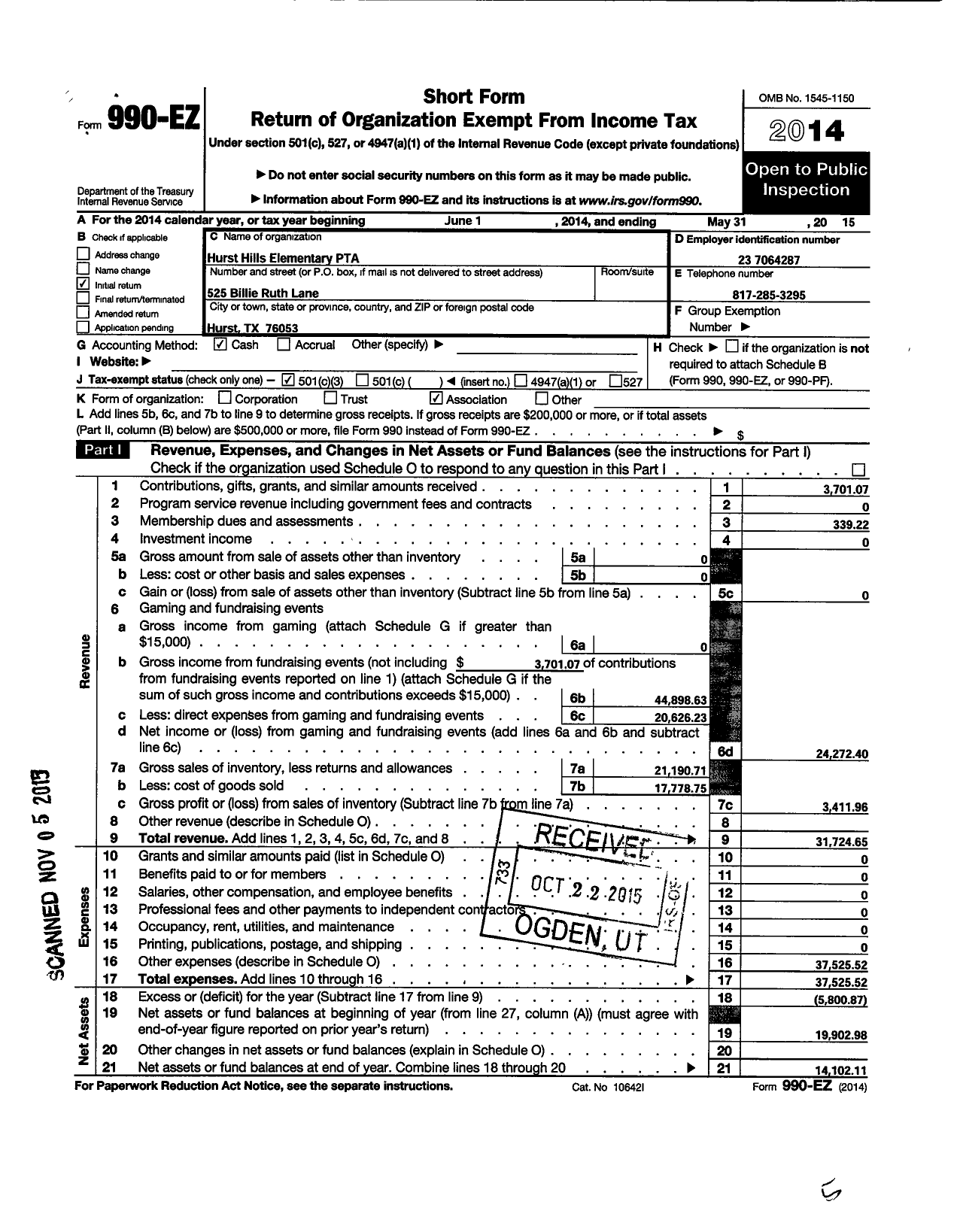 Image of first page of 2014 Form 990EZ for Texas PTA - 5496 Hurst Hills Elementary PTA