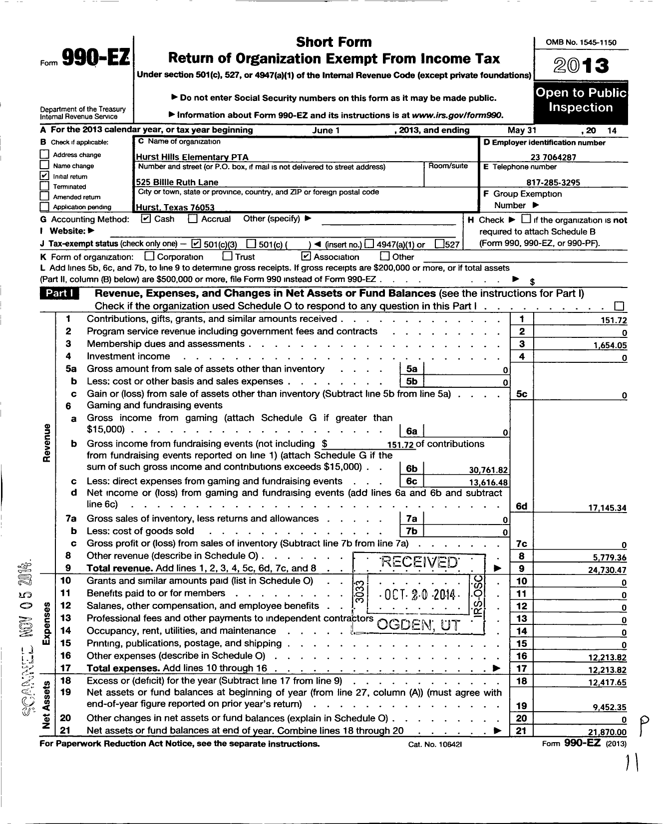 Image of first page of 2013 Form 990EZ for Texas PTA - 5496 Hurst Hills Elementary PTA