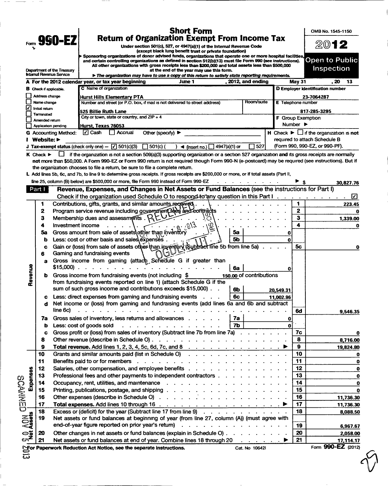 Image of first page of 2012 Form 990EZ for Texas PTA - 5496 Hurst Hills Elementary PTA