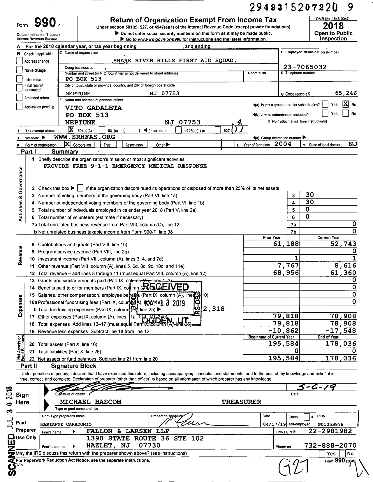 Image of first page of 2018 Form 990 for Shark River Hills First Aid Squad