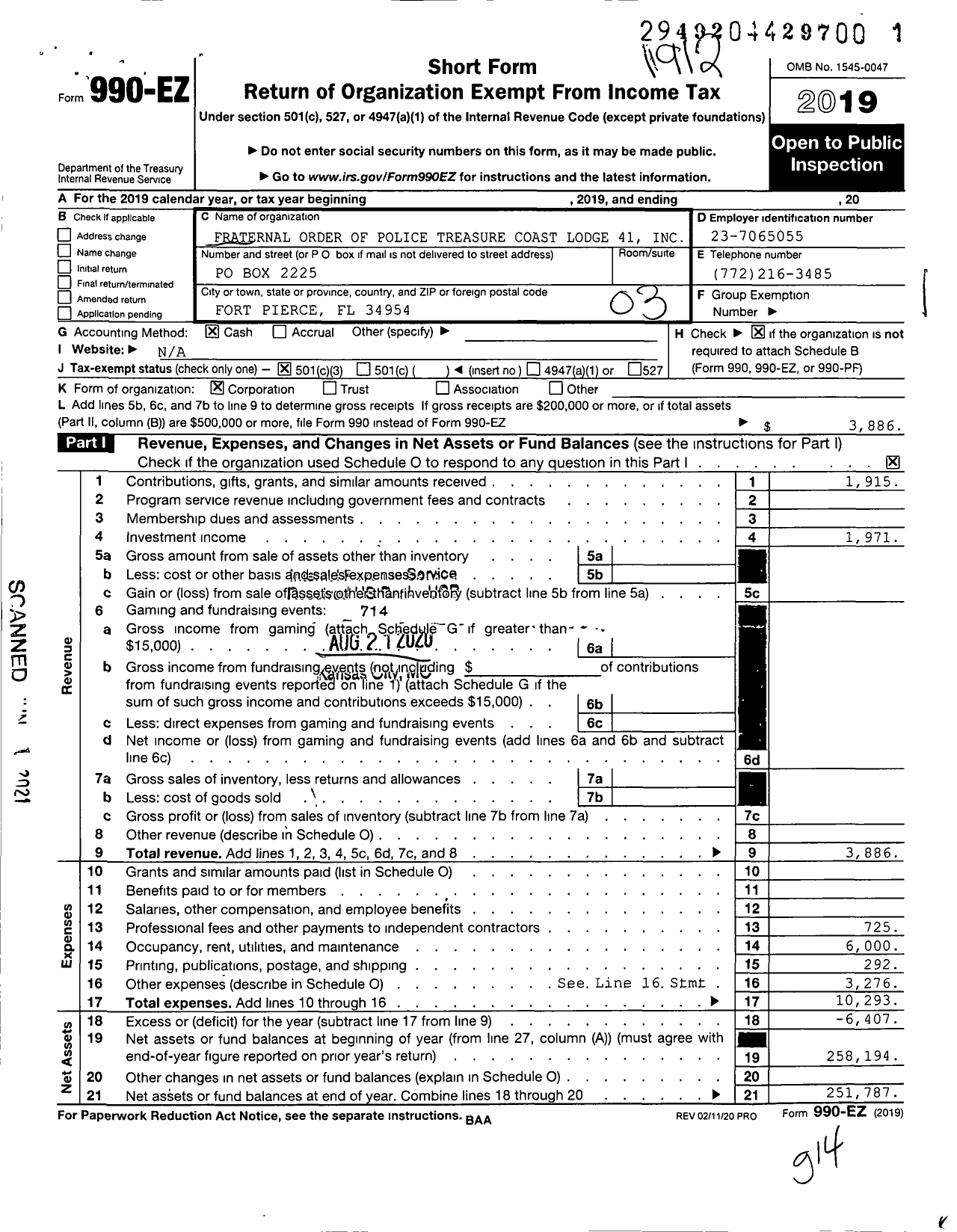 Image of first page of 2019 Form 990EZ for Fraternal Order of Police - 41 Treasure Coast Lodge