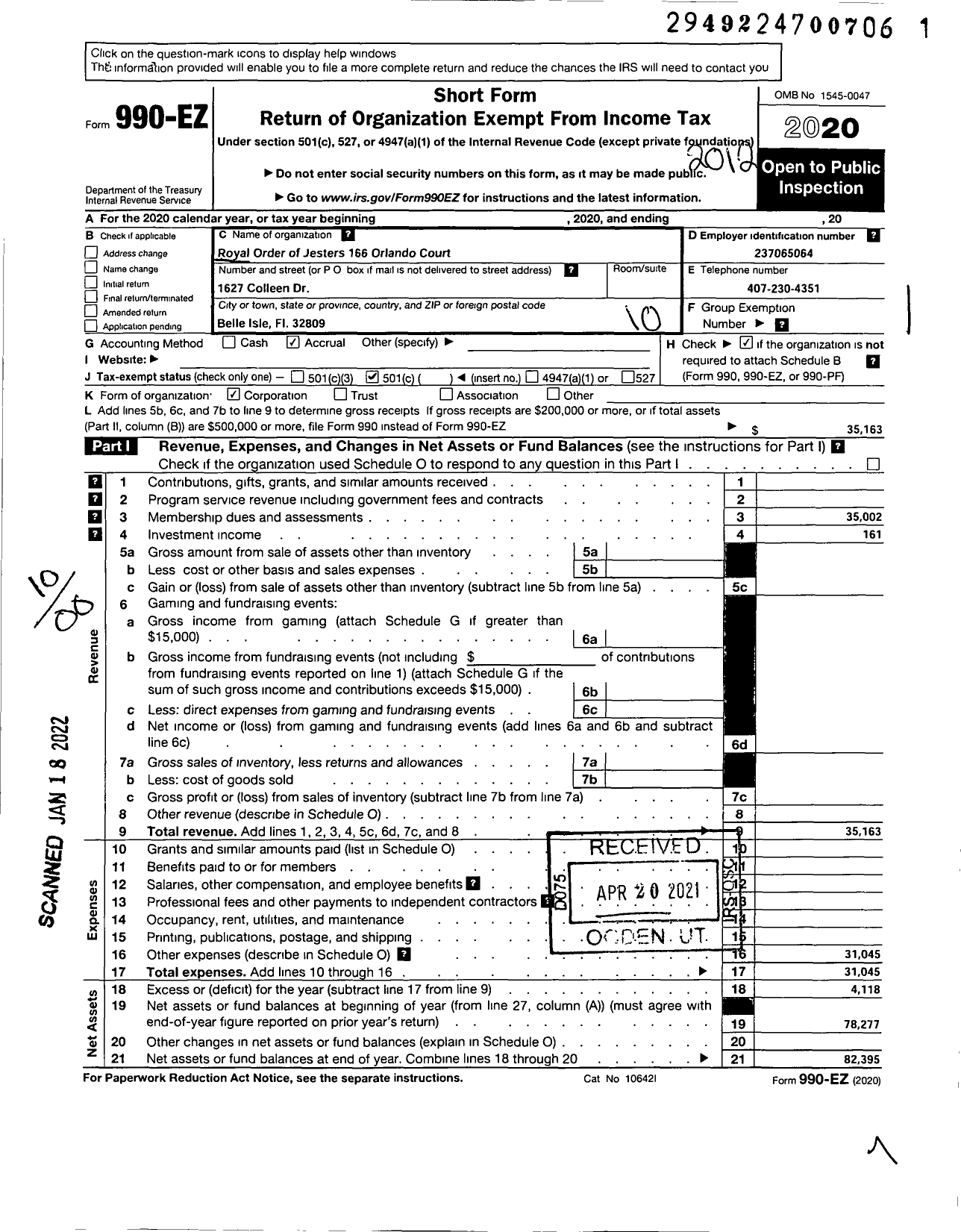 Image of first page of 2020 Form 990EO for ROYAL ORDER OF JESTERS - 166 Orlando Court