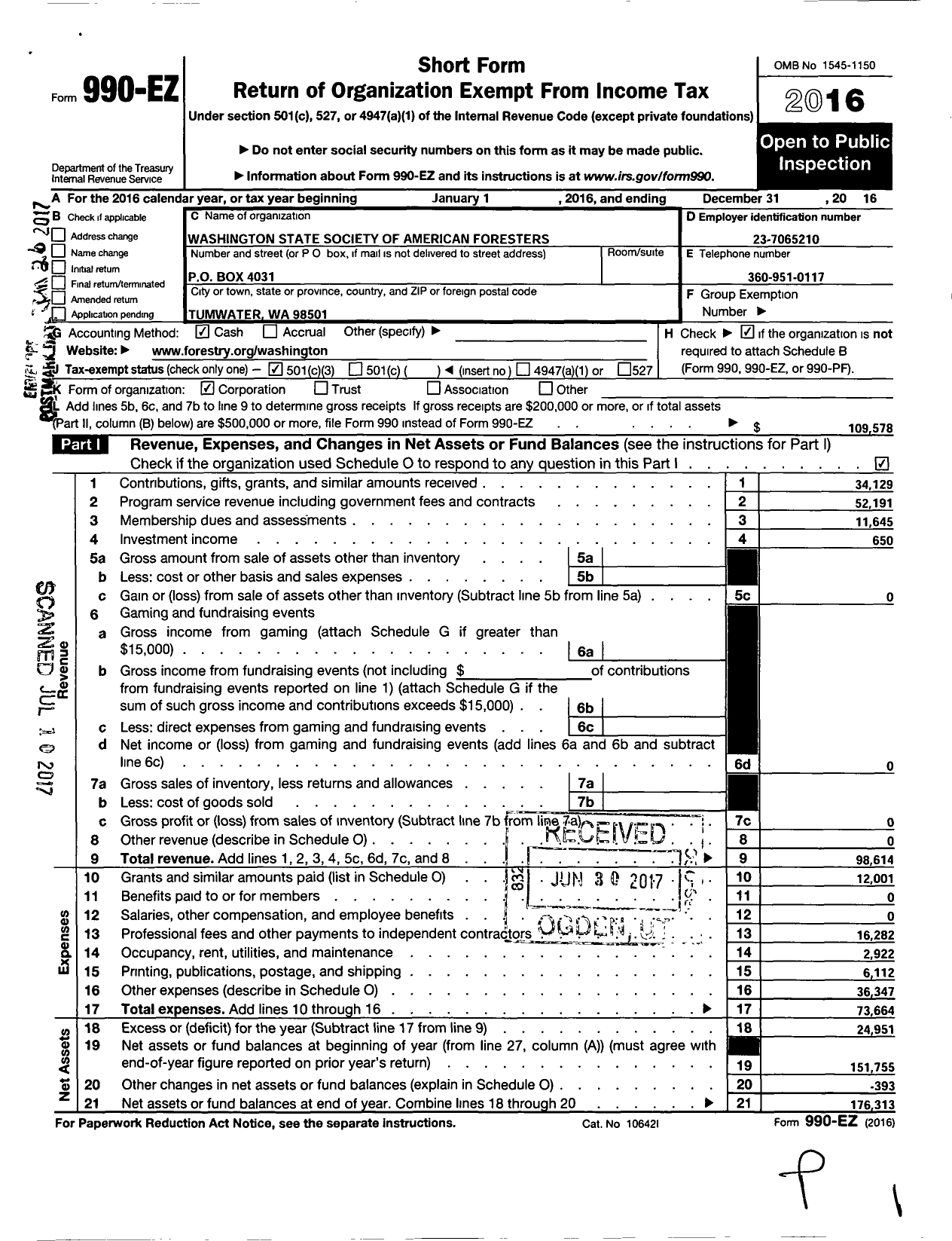 Image of first page of 2016 Form 990EZ for Society of American Foresters / Washington State