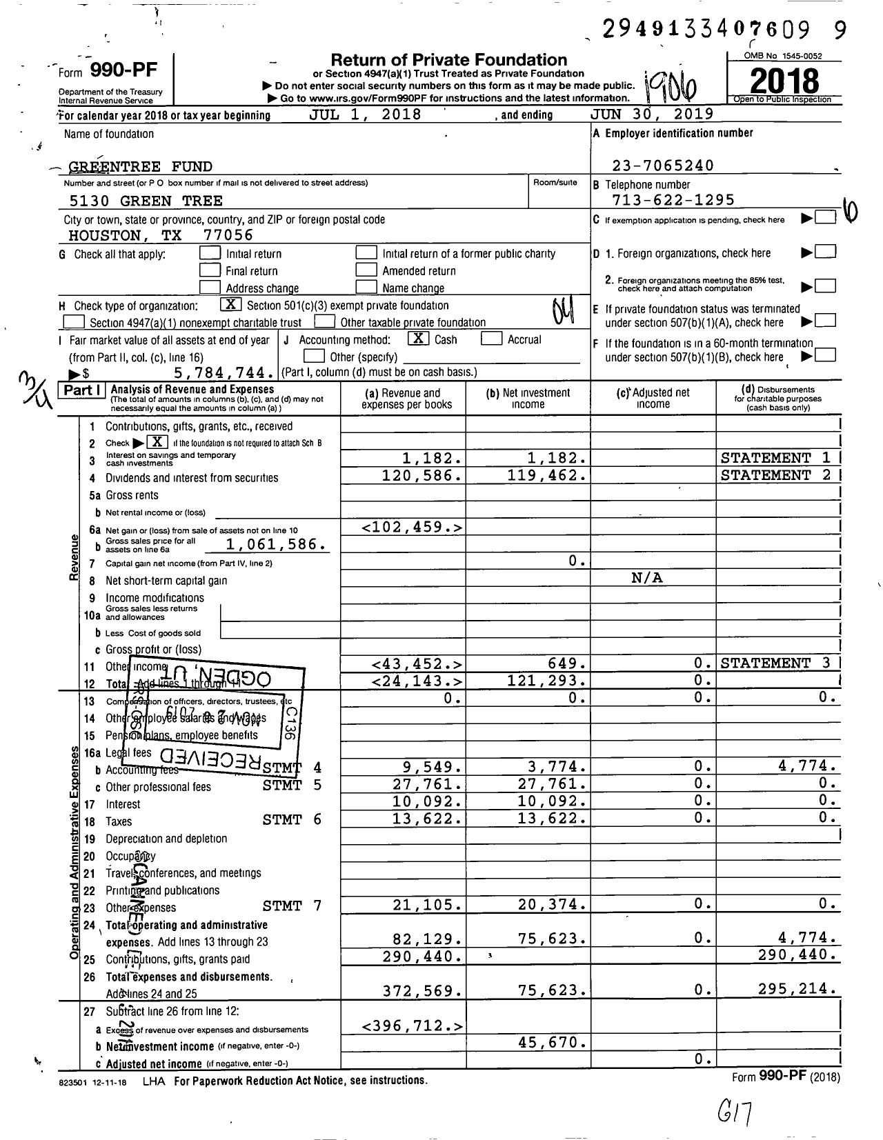 Image of first page of 2018 Form 990PF for Greentree Fund