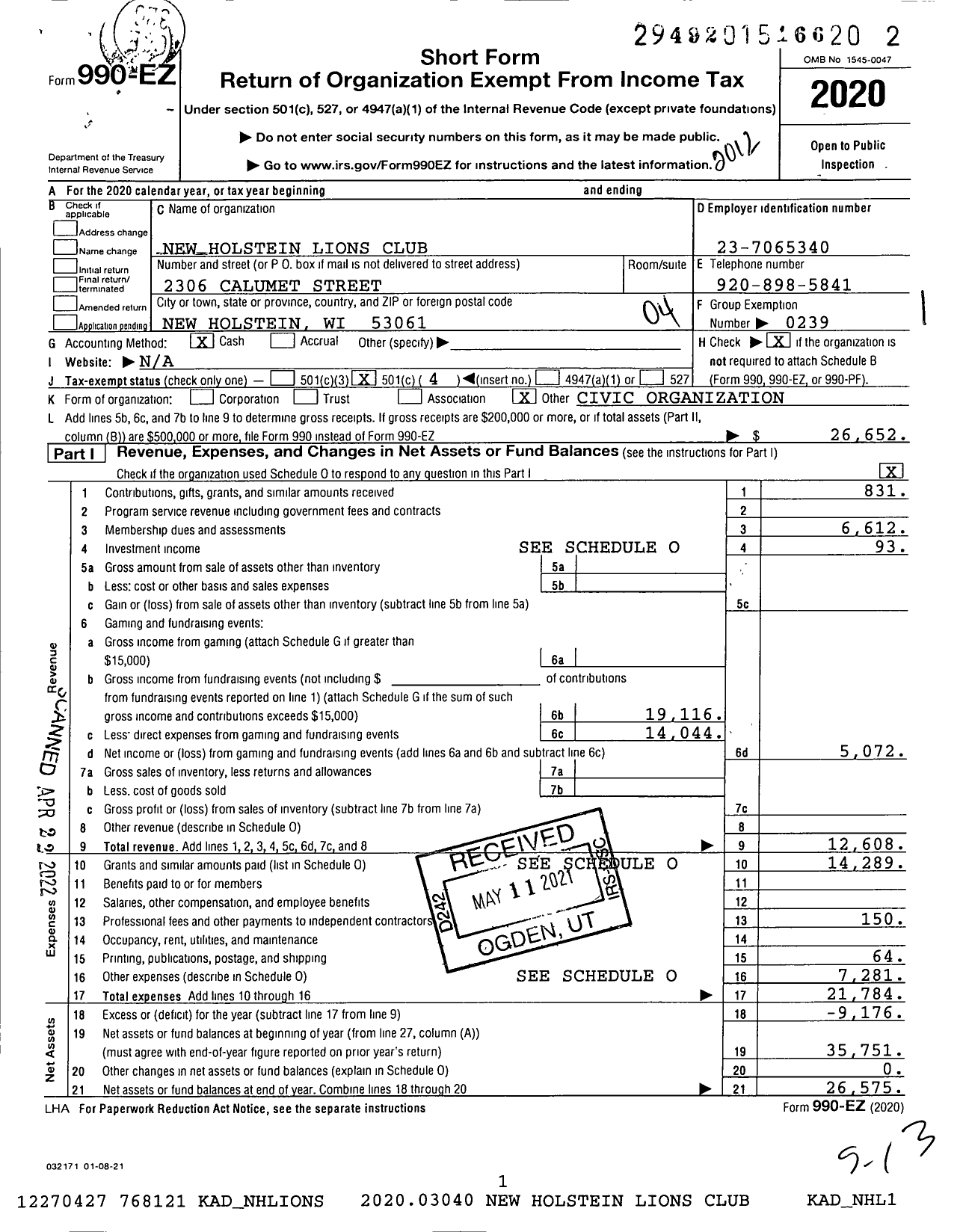 Image of first page of 2020 Form 990EO for Lions Clubs - 10436 New Holstein