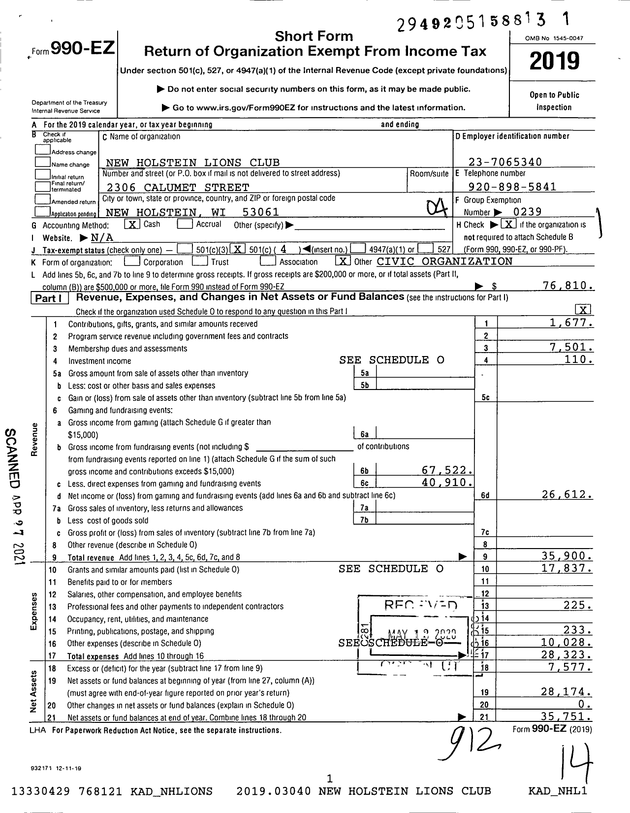 Image of first page of 2019 Form 990EO for Lions Clubs - 10436 New Holstein