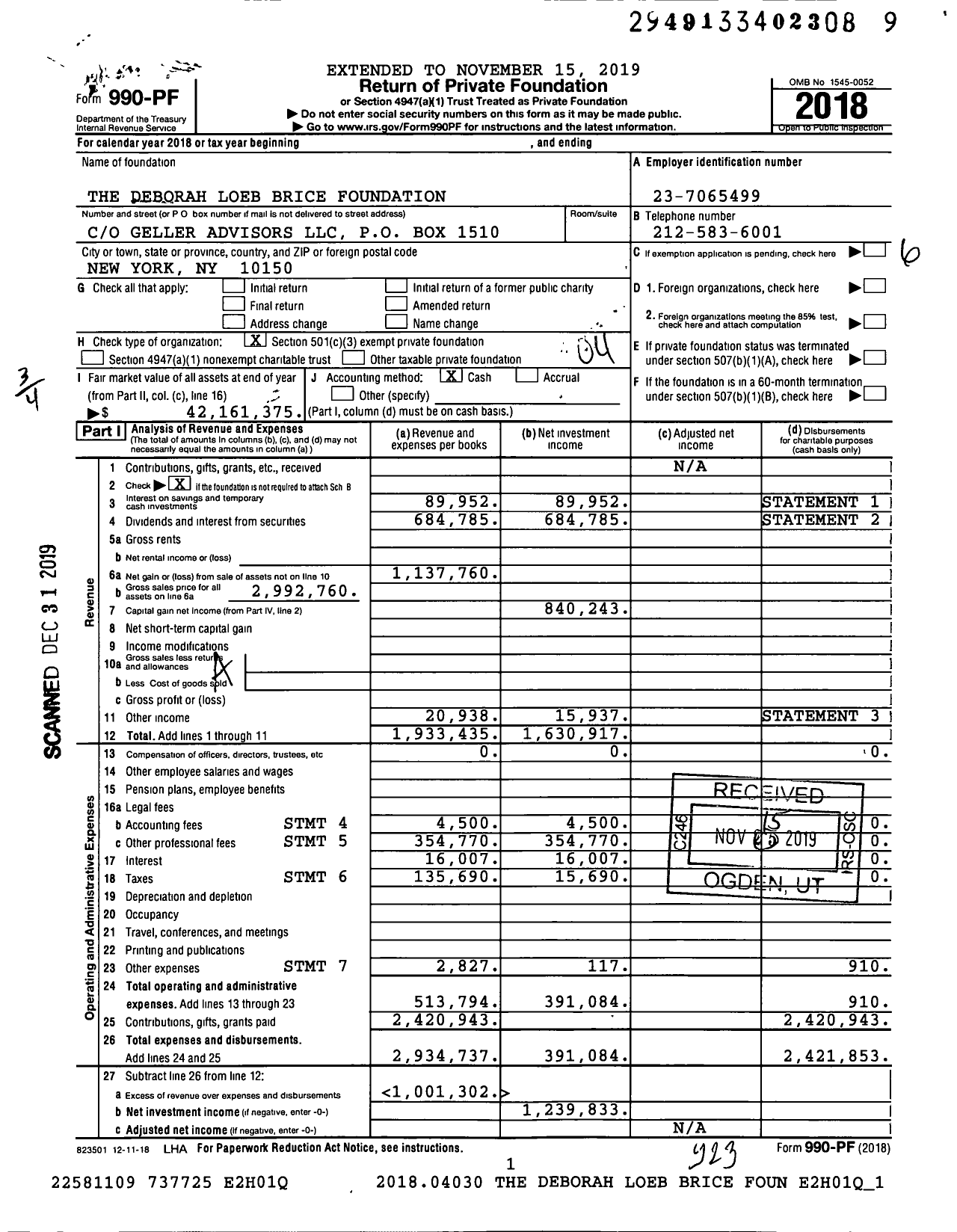 Image of first page of 2018 Form 990PF for The Deborah Loeb Brice Foundation