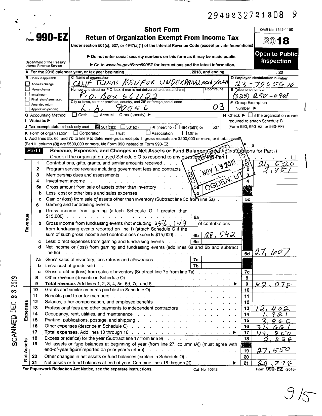 Image of first page of 2018 Form 990EZ for California Tennis Association for Underprivileged Youth