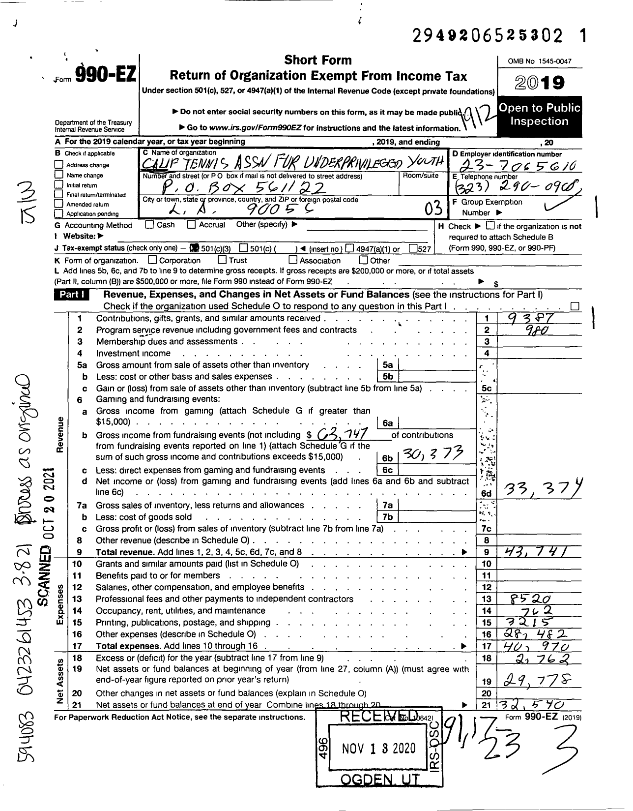 Image of first page of 2019 Form 990EZ for California Tennis Association for Underprivileged Youth